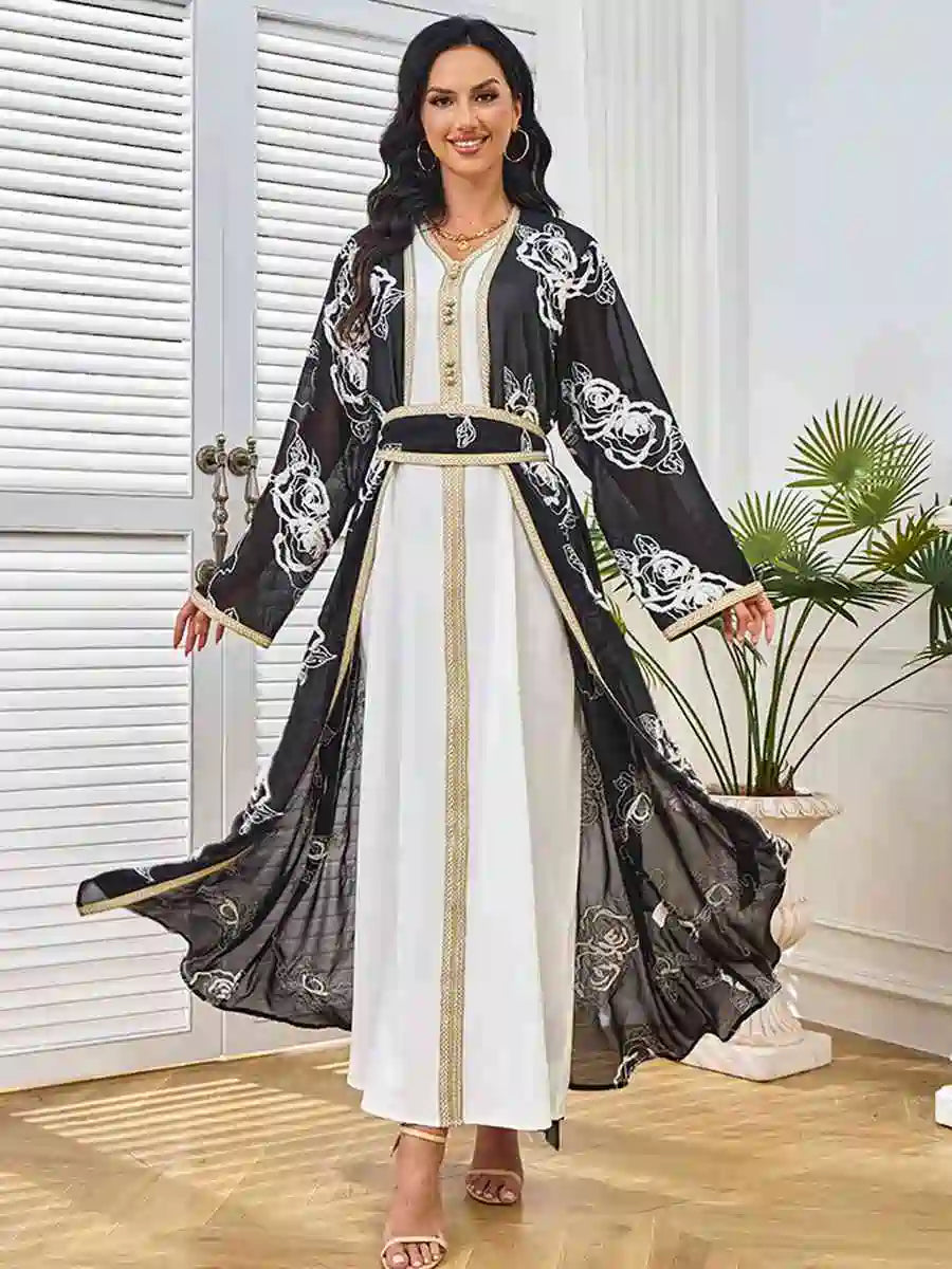 Elegant Eid 2-Piece Embroidered Caftan Dress Set with Sleeveless Inner Dress #25211 - Perfect for Muslim Women's Holiday Celebrations, Special Occasions & Wedding Guest Outfits