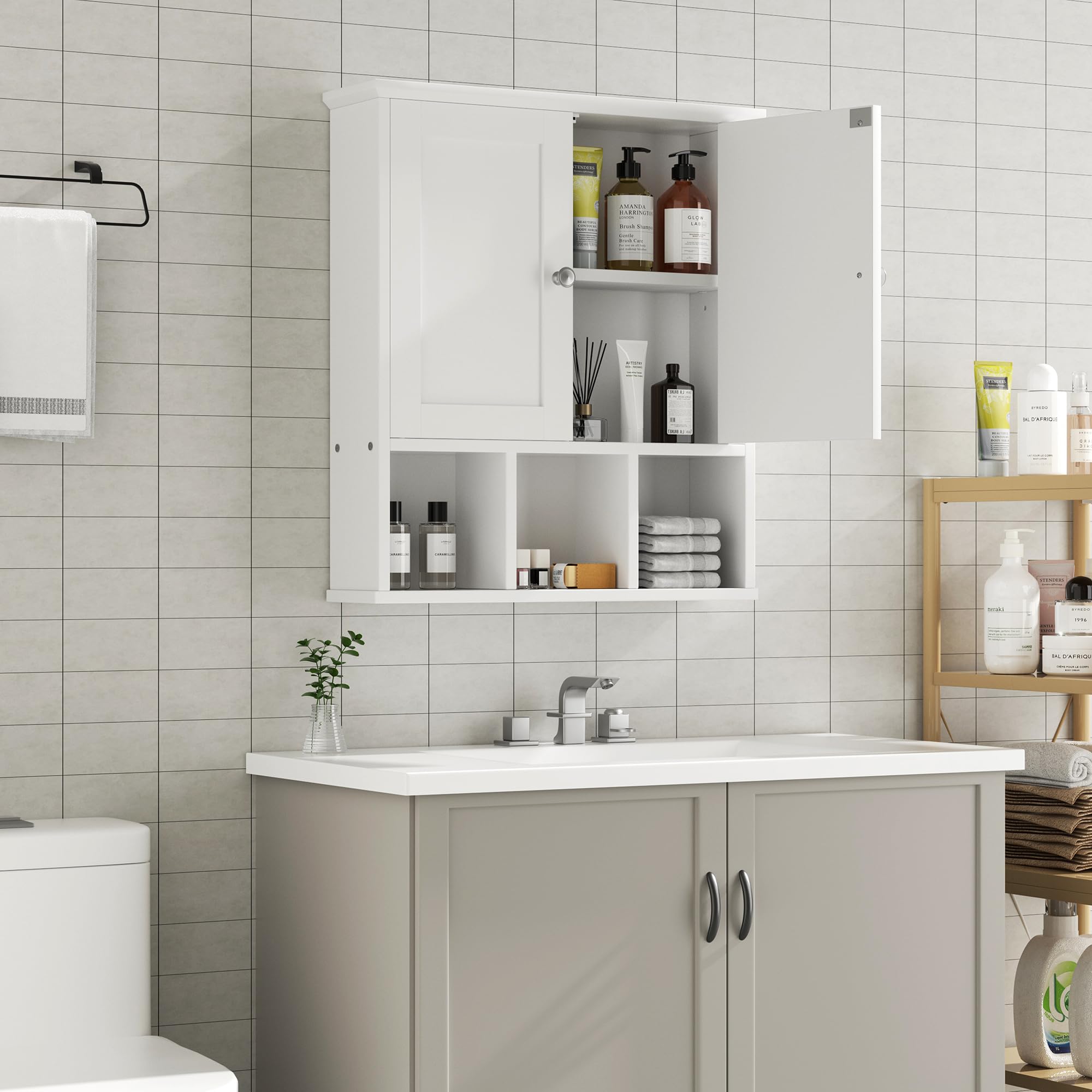 Shintenchi White Bathroom Wall Cabinet with Door - Over The Toilet Storage Organizer with Adjustable Shelves & Open Shelf - Perfect for Small Bathroom Organization, Medicine Storage & Bathroom Decor