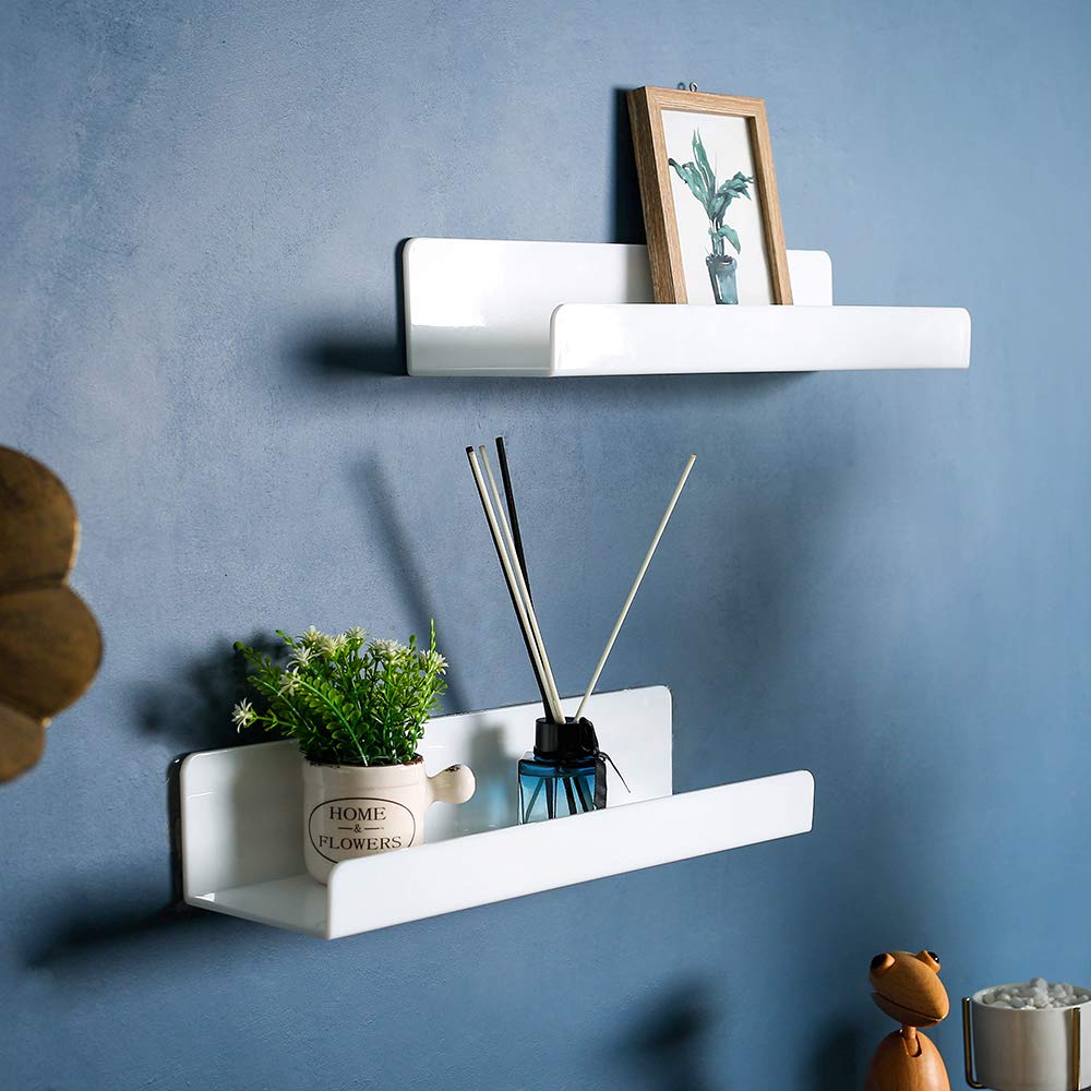 IEEK 15 Inch White Acrylic Floating Wall Shelf - Set of 4 | Modern Wall Mounted Bookshelf for Nursery, Kids Room, Office & Bathroom | 5MM Thick Display Organizer for Books, Decor & Storage | Perfect for Home Organization & Stylish Space Saving Solutions
