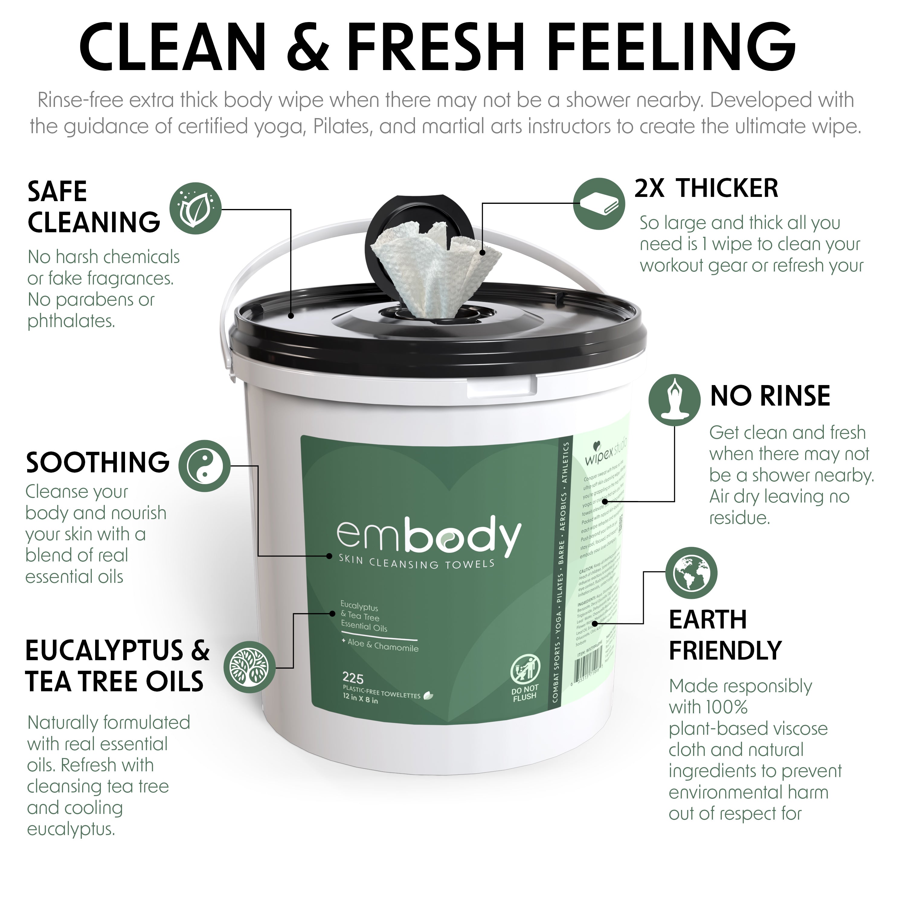 Embody® 225ct Eco-Friendly Biodegradable Body Wipes Refill Bucket - Hypoallergenic & Unscented for Spas, Gyms & Wellness Studios | Perfect for Post-Workout, Massage & Skincare Routines