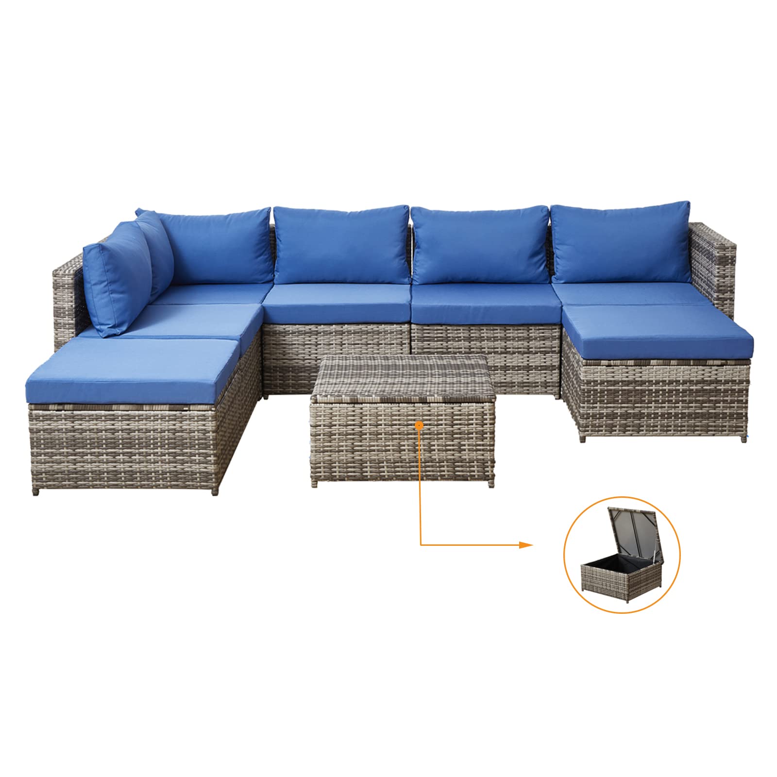 8-Piece All-Weather PE Rattan Outdoor Patio Sofa Set with Storage Table - Brown & Blue Wicker Sectional Couch for Garden, Poolside, and Backyard Relaxation