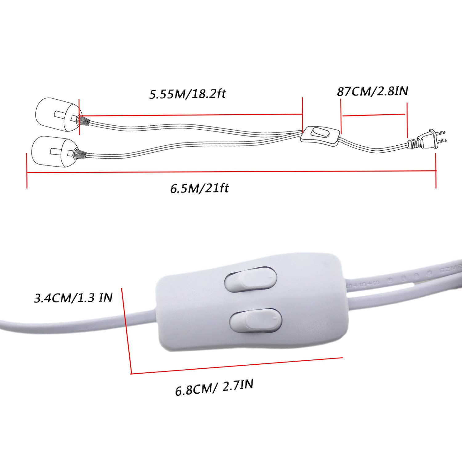Rextin 2-Pack E26/E27 LED Light Socket with 21FT Extension Cord, On/Off Switch & US Plug - Pendant Lighting Bulb Holder for Kitchen, Bedroom, Restaurant, Workshop, Patio & Outdoor Use (21ft 2pcs)