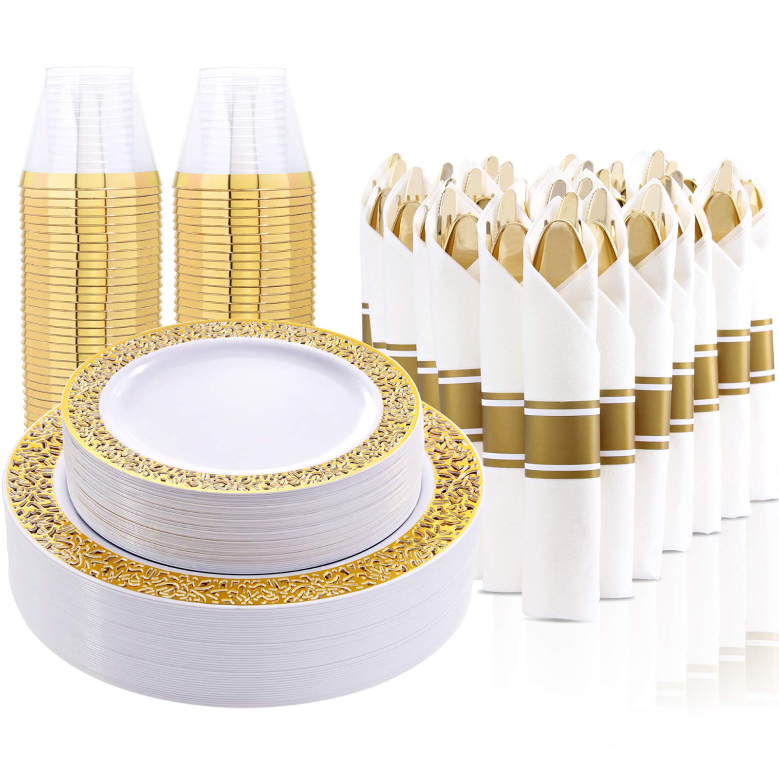 210-Piece Gold Plastic Dinnerware Set - 30 Dinner Plates, 30 Salad Plates, 30 9oz Cups & 30 Gold Napkins - Elegant Disposable Tableware for Weddings, Parties, Banquets & Special Events