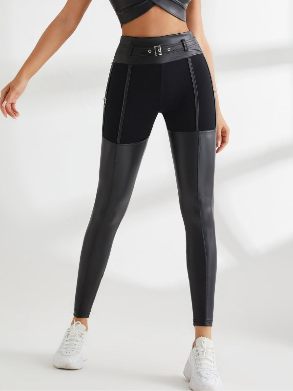 ZASUWA Women's High Waist PU Glossy Leggings with Metal Buttons - Tummy Control & Hip Lift for Yoga, Workout & Daily Wear