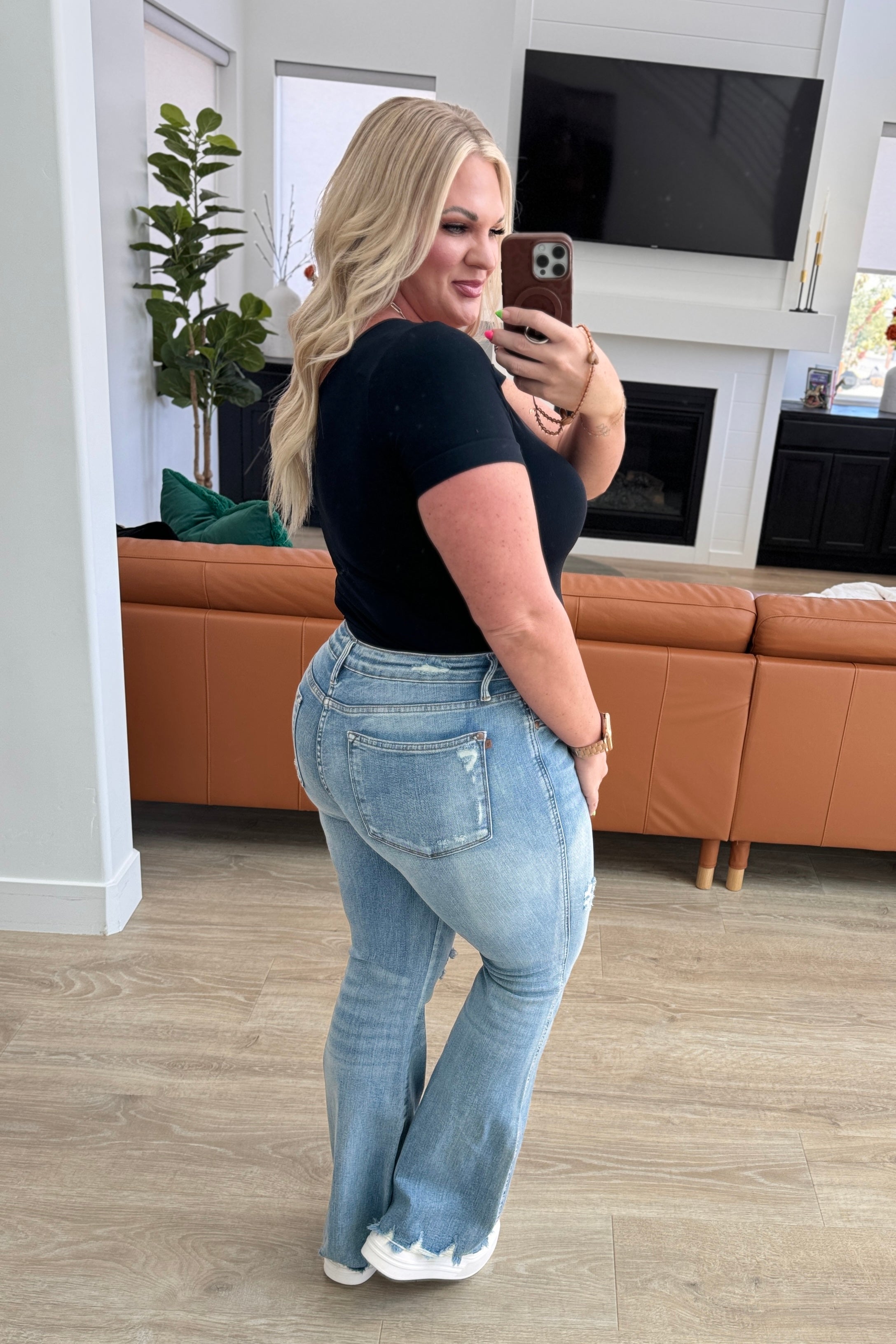 Caroline Mid Rise Control Top Distressed Flare Jeans for Women - Vintage Style Stretch Denim Pants with Tummy Control - Perfect for Casual Wear, Date Night & Office Outfits