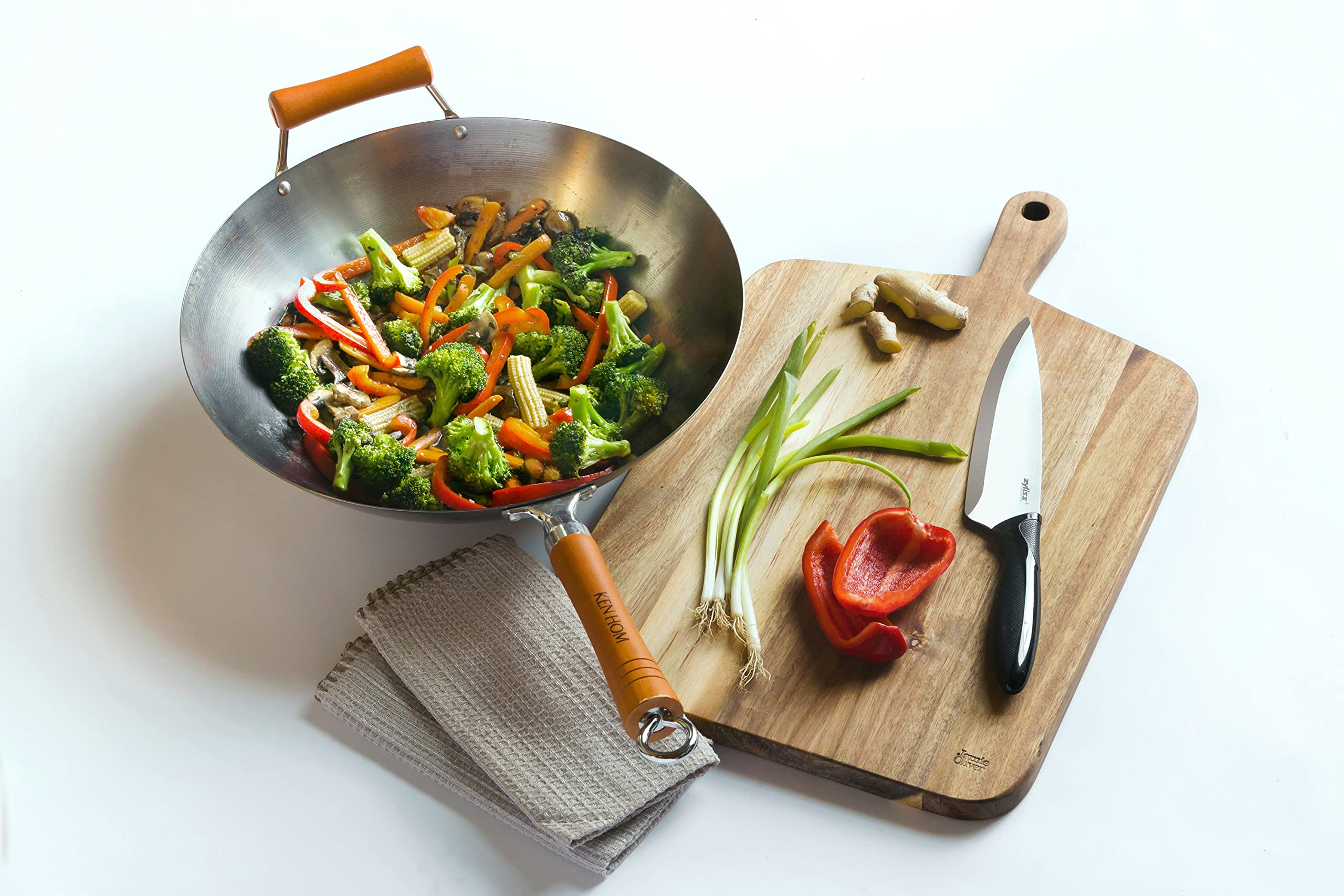 Ken Hom KH436003 Traditional Carbon Steel Wok Pan - 36cm Induction Compatible, Metal Utensil Safe, Hand Wash Only - Perfect for Stir-Frying, Searing & Asian Cooking