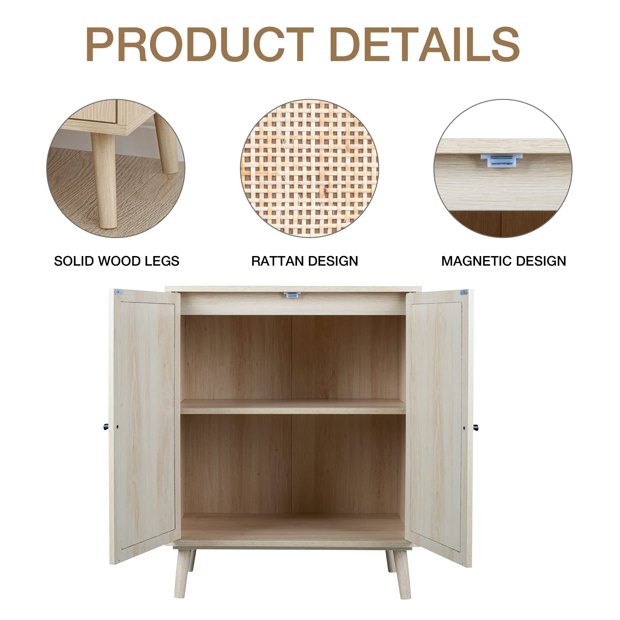 QHITTY Natural Rattan Sideboard Buffet Cabinet with Adjustable Shelves - Stylish Kitchen Storage & Accent Console Table for Living Room, Dining Room, Bedroom, and Entryway