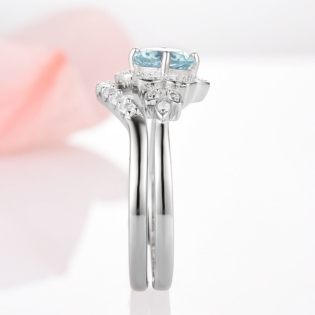 Elegant Sterling Silver Jasmine Aquamarine Ring Set for Women - Perfect for Weddings, Anniversaries & Special Occasions