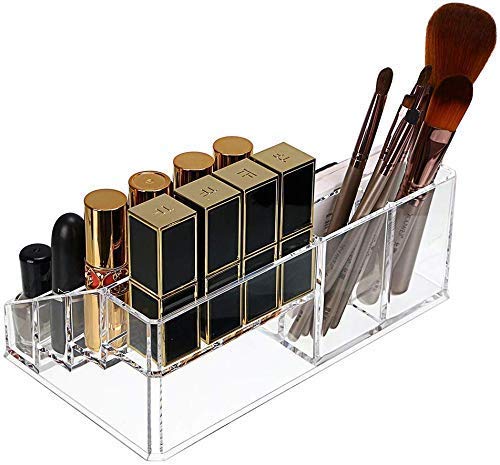 PRUTHA® 16 Grid Clear Acrylic Lipstick Organizer & Nail Polish Holder - 16 Compartment Makeup Storage Box for Lip Gloss, Cosmetics, Jewelry - Perfect for Vanity, Bathroom, and Travel Organization