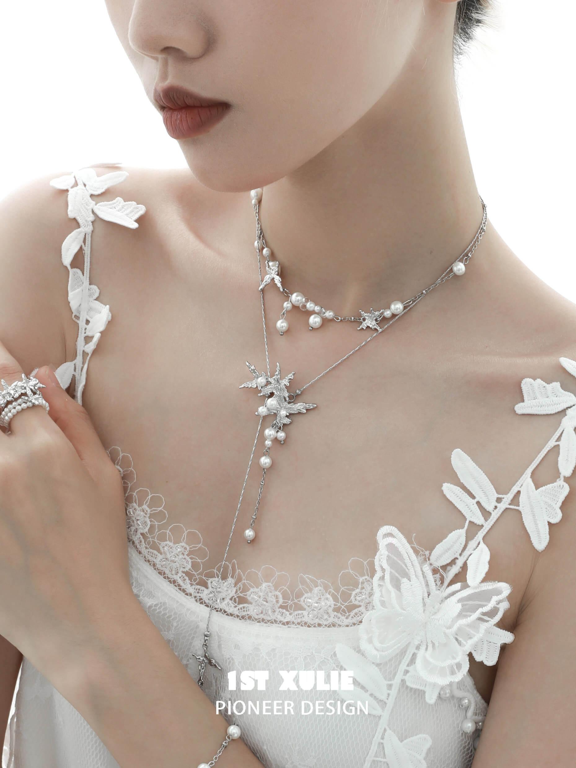 Whiterfly 18K Gold Plated Butterfly Tassel Pearl Necklace for Women - Elegant Layered Pearl Chain Jewelry Gift for Birthday, Anniversary & Special Occasions
