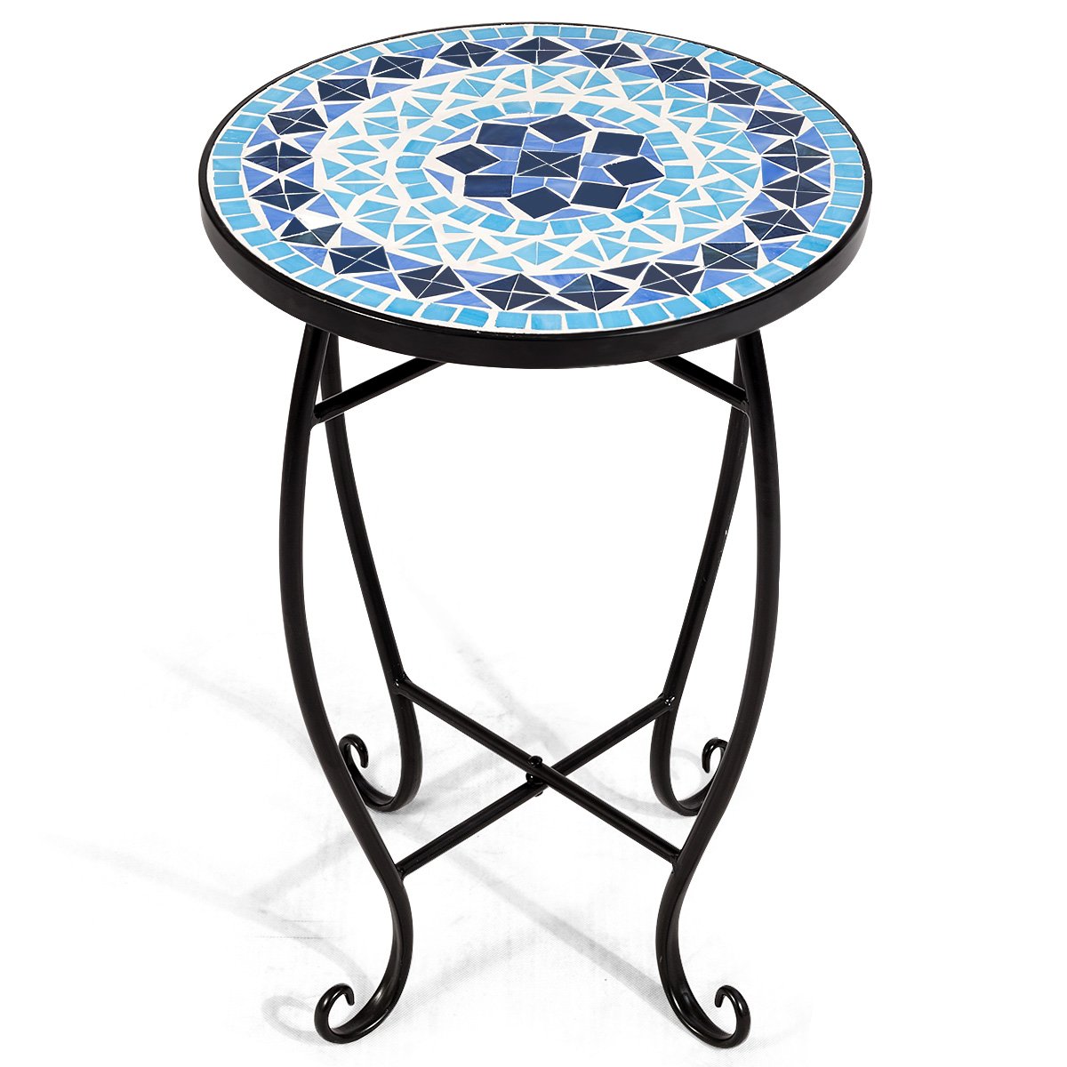 RELAX4LIFE 14 Inch Round Mosaic Side Table with Tempered Glass Top & Sturdy Steel Frame - Outdoor End Table for Patio, Lawn, Garden, Balcony & Home Decor (Blue) | Perfect for Poolside Lounging, BBQ Parties & Small Space Living
