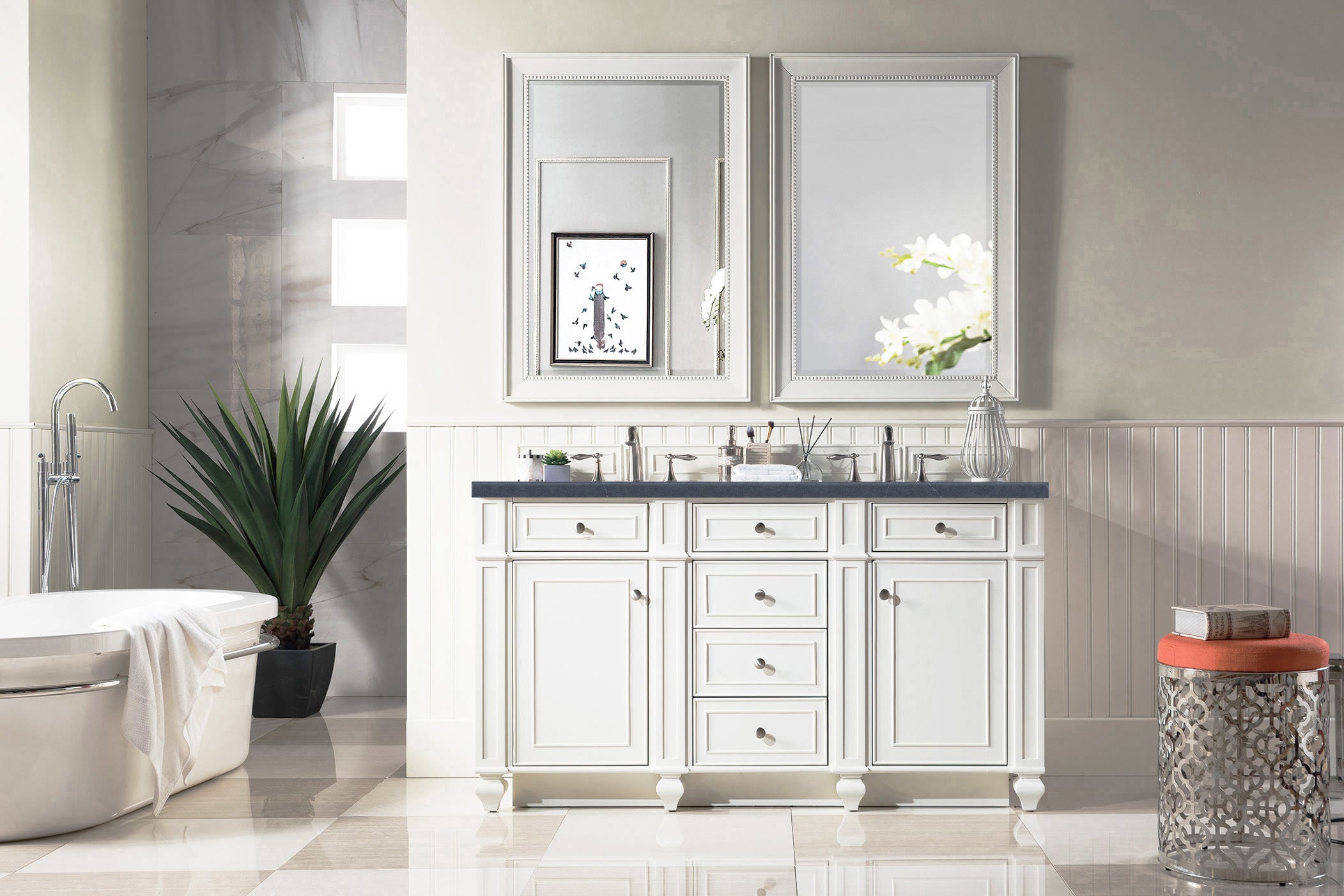 Bristol 60-Inch Double Bathroom Vanity with Bright White Finish & 3CM Charcoal Soapstone Quartz Countertop - Modern Bathroom Storage Solution for Master Bath or Guest Bath Remodel