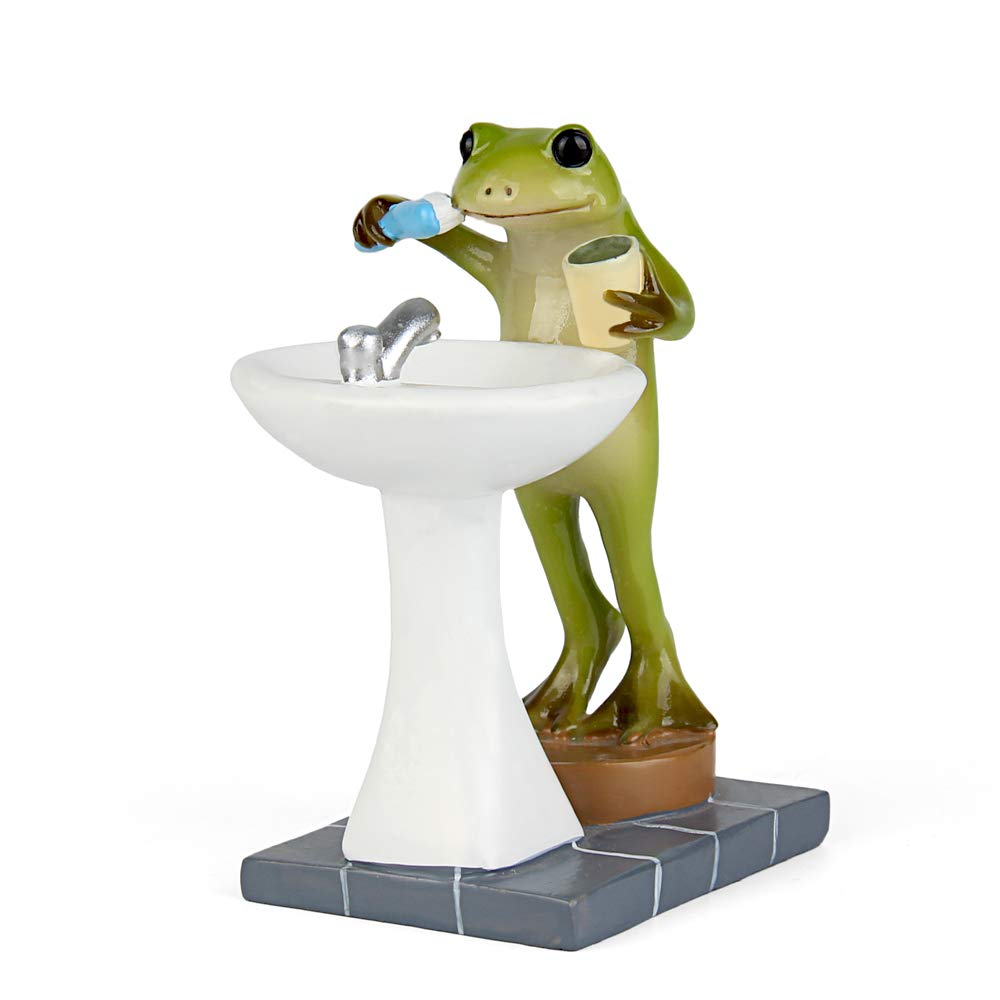 Tfro & Cile Mini Frog Garden Statue - 3.3 Inch Cute Animal Figurine for Outdoor Fairy Decor, Bathroom Sculpture with Brushing Teeth Design - Perfect for Garden, Patio, Fairy Gardens and Bathroom Decor
