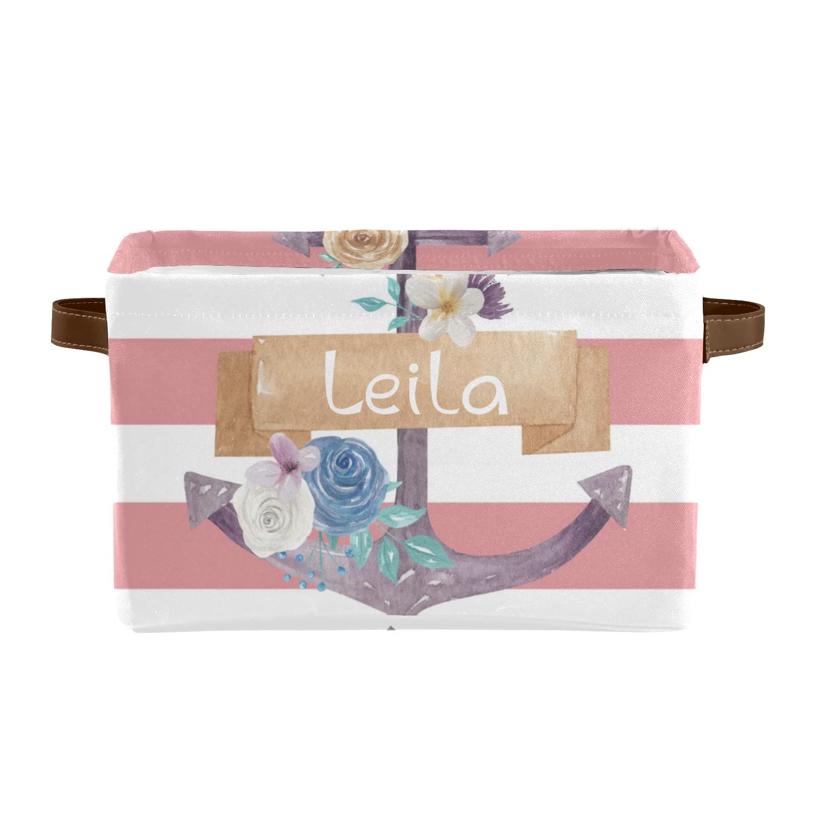 Personalized Anchor Striped Flower Storage Bins with Handles - Custom Text Closet & Shelf Organizers (2-Pack) - Perfect for Bedroom, Nursery, and Office Organization