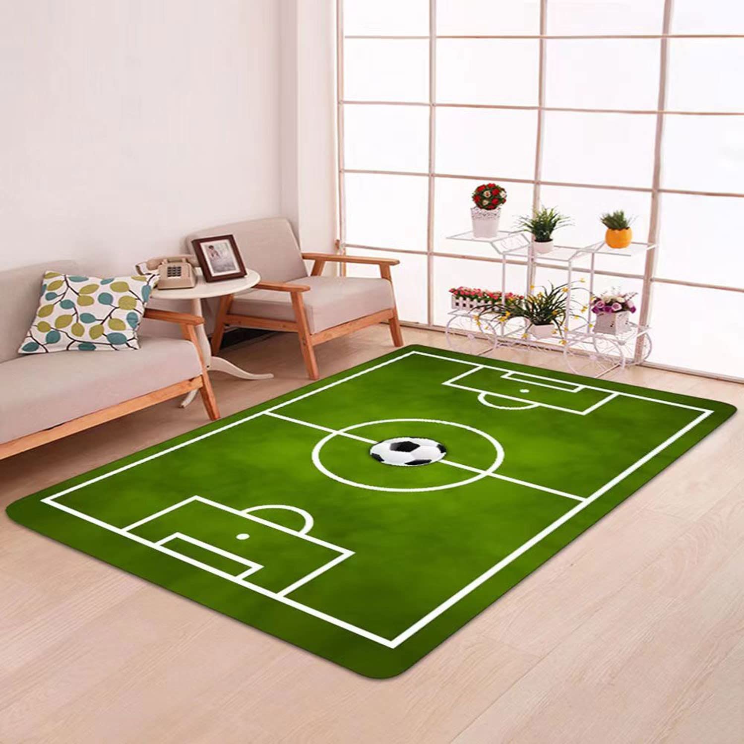 Non-Slip Kids Football Soccer Field Rug - 3.3x6.6ft Green Playmat for Boys & Girls Bedroom, Sports Room & Living Room - Perfect for Playtime, Decor & Safe Floor Activities