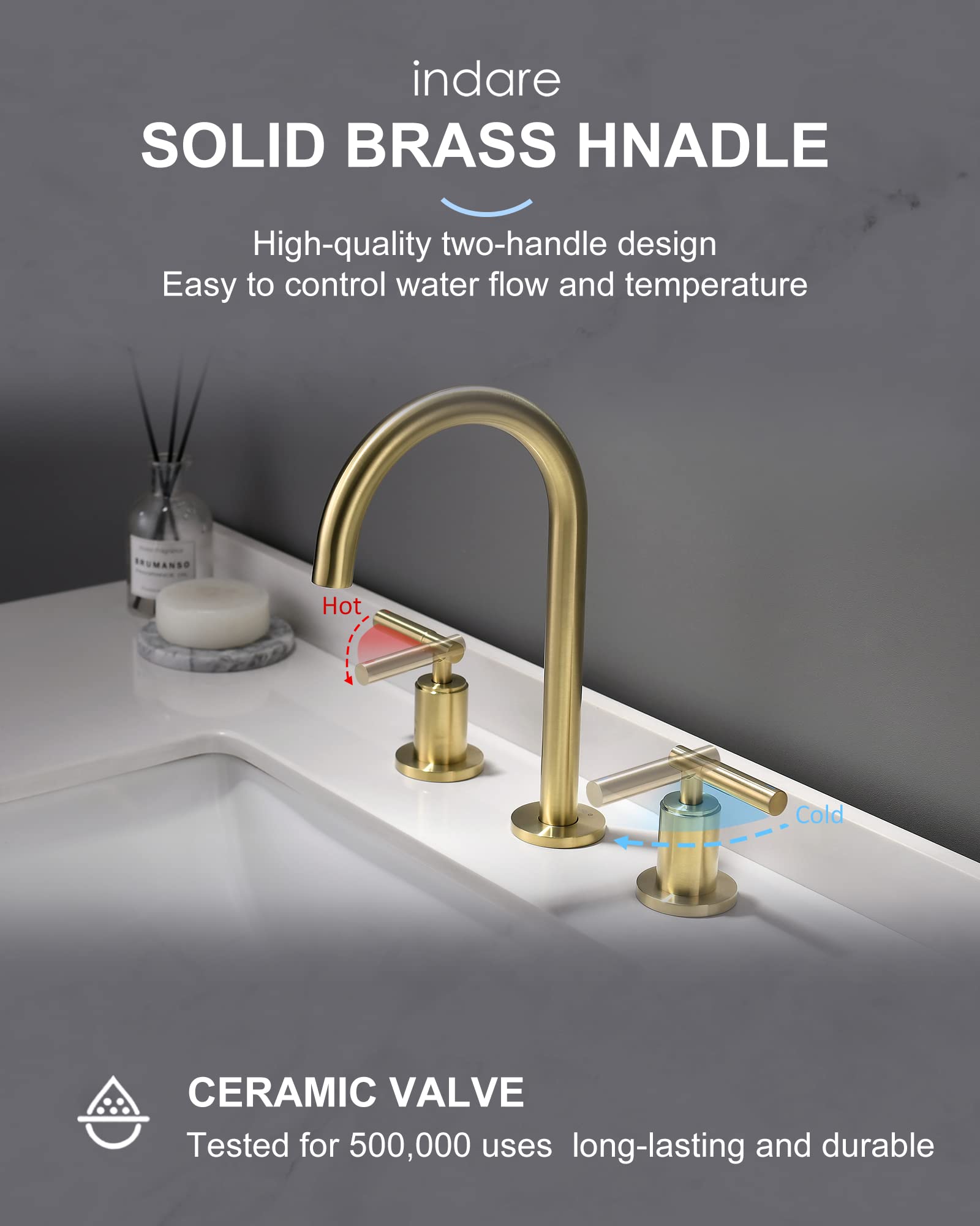 Brushed Gold Bathroom Faucet - Indare 2-Handle Widespread Sink Faucet with 360° Swivel Spout, 4-8 Inch Centerset, Brass Construction, Includes Pop-Up Drain & Water Supply Lines - Perfect for Modern Bathroom Vanities and Powder Rooms