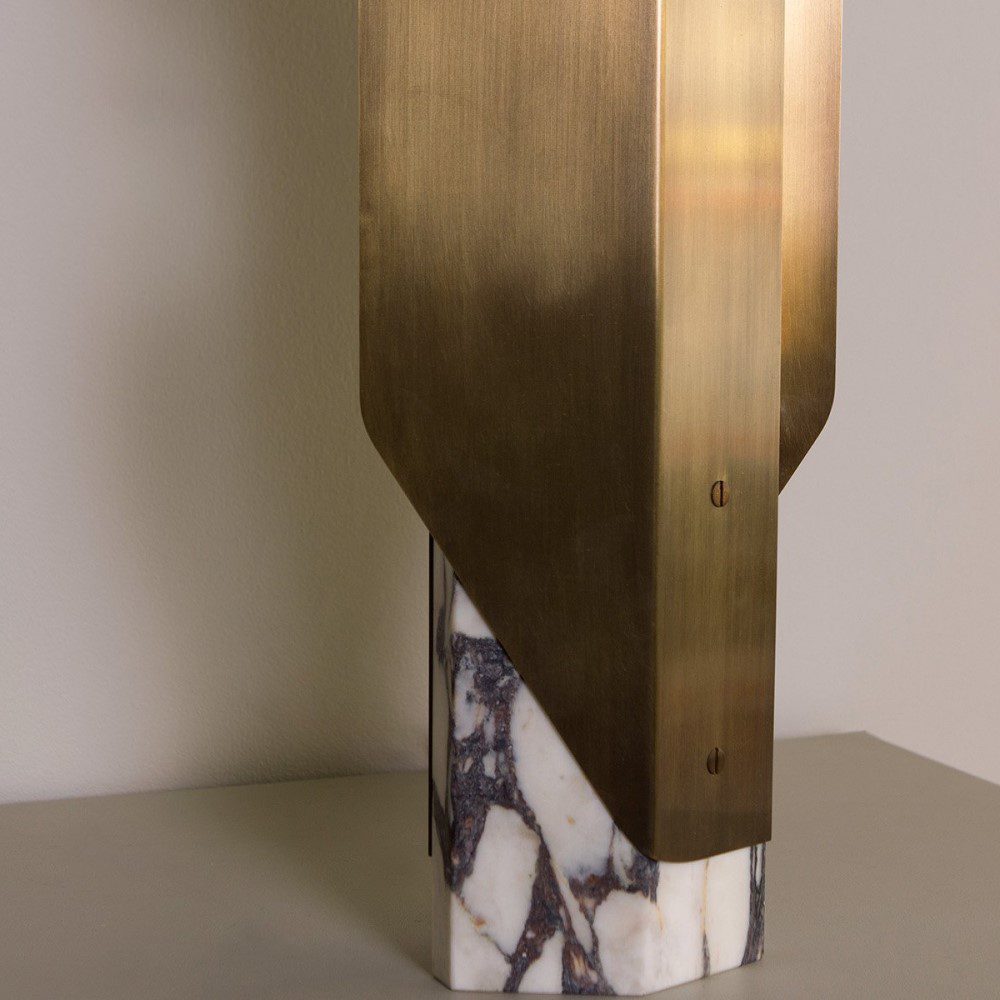 PRE ORDER BEN TOVIM DESIGN Fold Table Lamp - Calacatta Viola Marble with Bronze Patina Finish | Modern Home Office & Bedside Lighting Decor