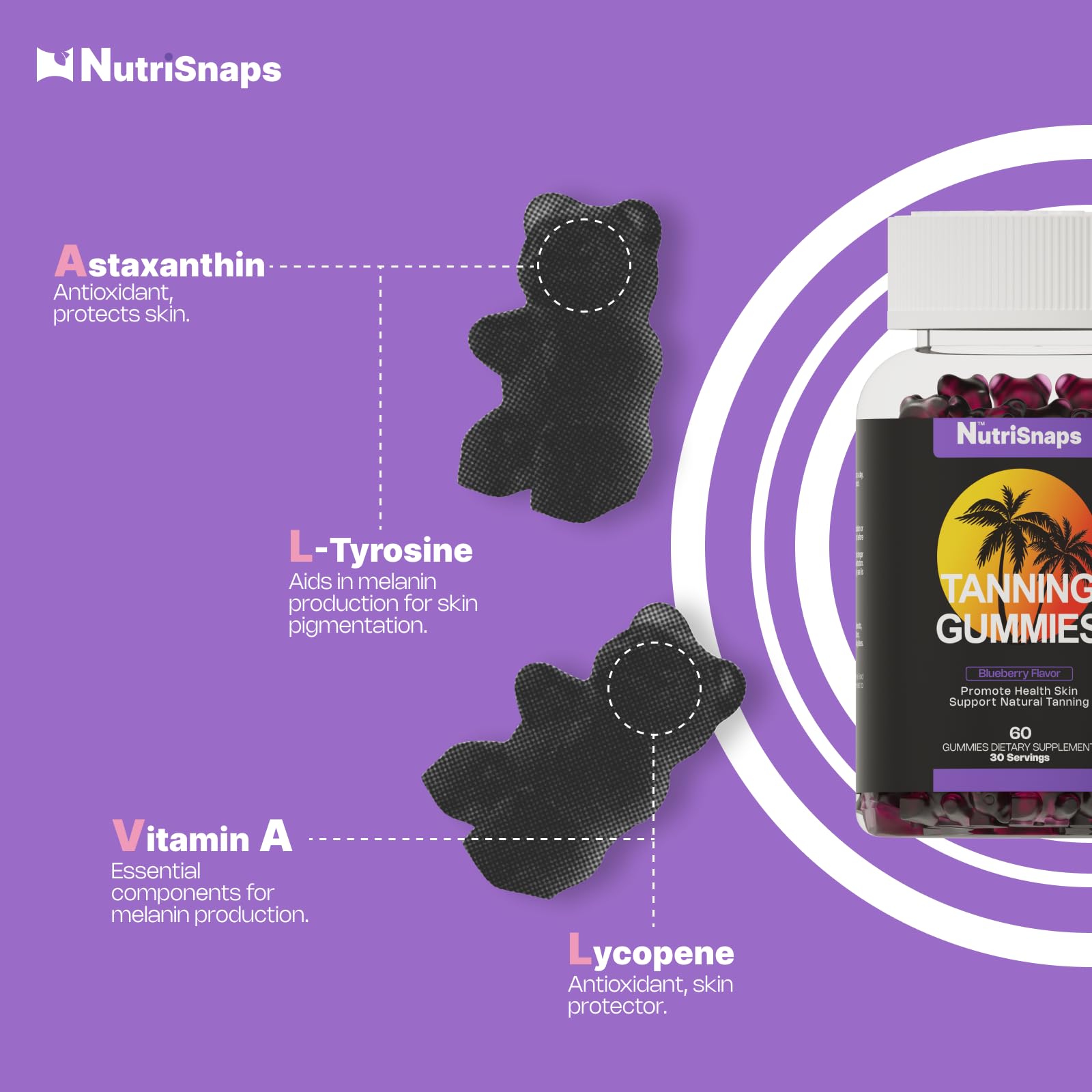 Natural Tanning Gummies for Women & Men - Vegan, Non-GMO Blueberry Flavor Tanning Supplement with Skin Health Benefits - 60 Count for Daily Use - Perfect for Beach, Vacation & Summer Glow