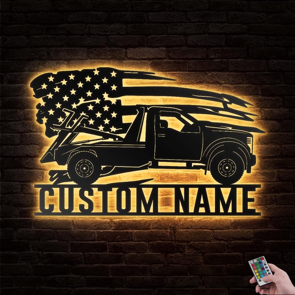 Custom Tow Truck Driver US Flag Metal Wall Art with LED Lights - Personalized Black Metal Sign for Living Room, Trucker Gifts, Outdoor Wall Decor - 24x24 Inches - Perfect for Garage, Man Cave & Home Office