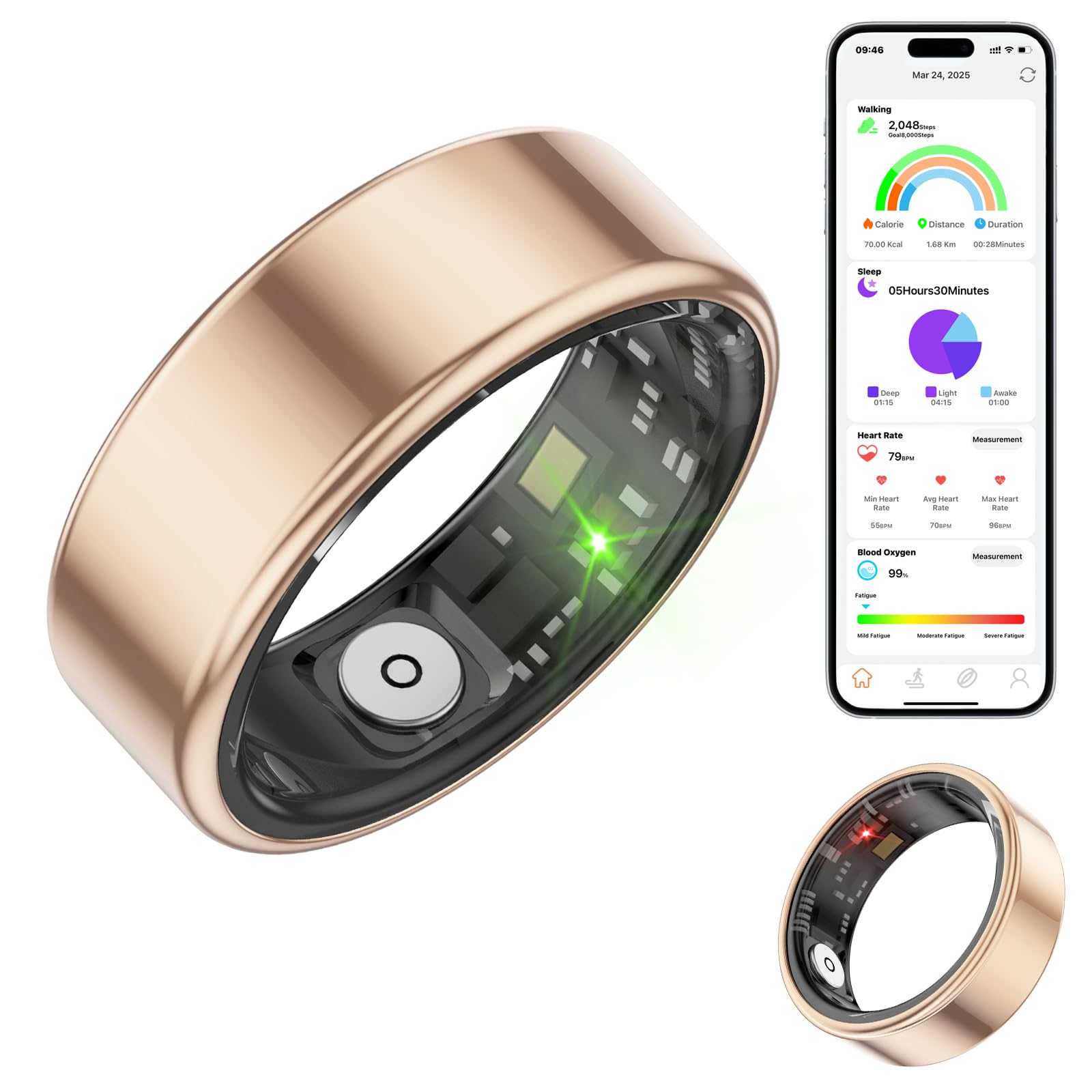 Smart Health Tracker Ring for Women & Men - Heart Rate Monitor, Blood Oxygen & Sleep Tracker, Step Counter, IP68 Waterproof Fitness Ring Compatible with iOS/Android (Gold, Size 11) - Perfect for Workouts, Sleep Analysis & Daily Activity Tracking