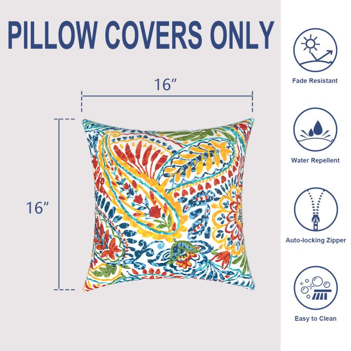 Waterproof Outdoor Throw Pillows 16x16 Inch - Set of 2 Paisley Printed Patio Cushions with Removable Covers, All-Weather Garden Sofa Pillows for Porch, Deck, Poolside & Backyard Furniture Decor
