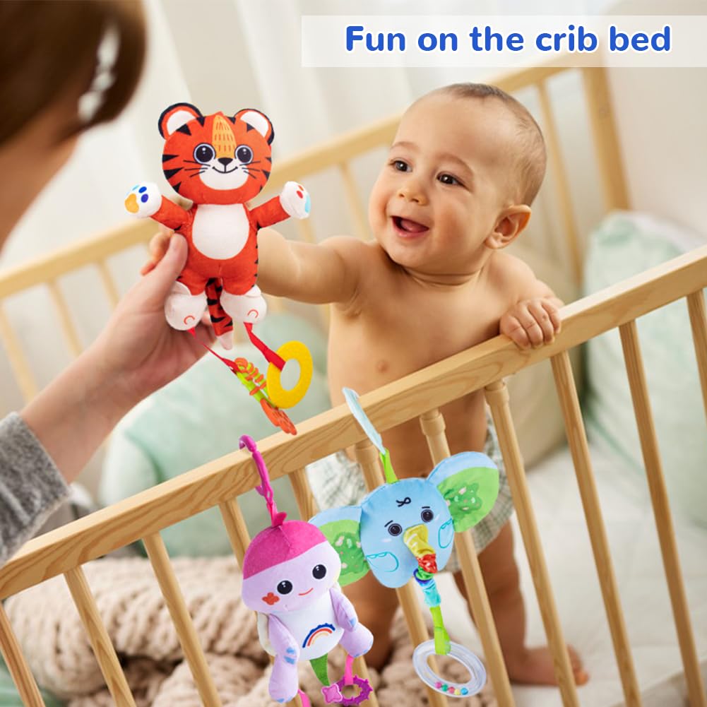 TeyToy Soft Plush Animal Hanging Baby Toys with Rattles, Teether & Squeaker - Early Development Stroller & Car Toys for Newborns 3-12 Months | Perfect Infant Birthday Gifts & Nursery Decor for Boys Girls