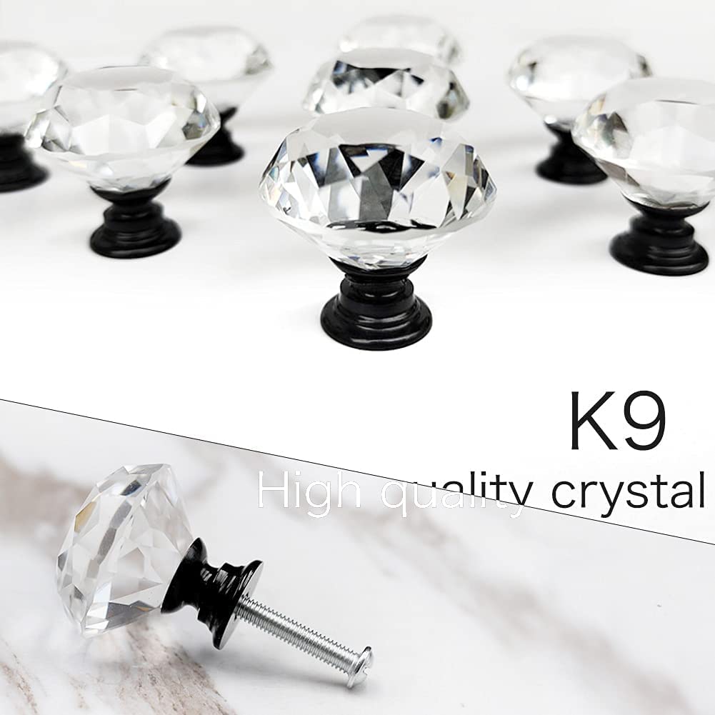 6 Pcs Crystal Glass Cabinet Knobs - Diamond Shape Drawer Pulls for Kitchen Wardrobe (30mm, Clear-Black)