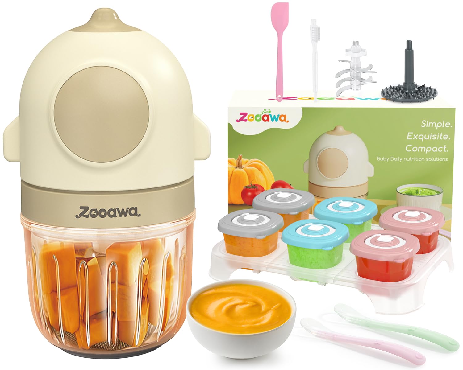 Zooawa 13-in-1 Baby Food Maker & Processor - Steam, Blend & Puree Fruits, Vegetables & Meat - Includes Silicone Spoon & Storage Containers - Perfect Baby Shower Gift for New Parents (Beige) | Ideal for Homemade Baby Food Prep & On-the-Go Feeding