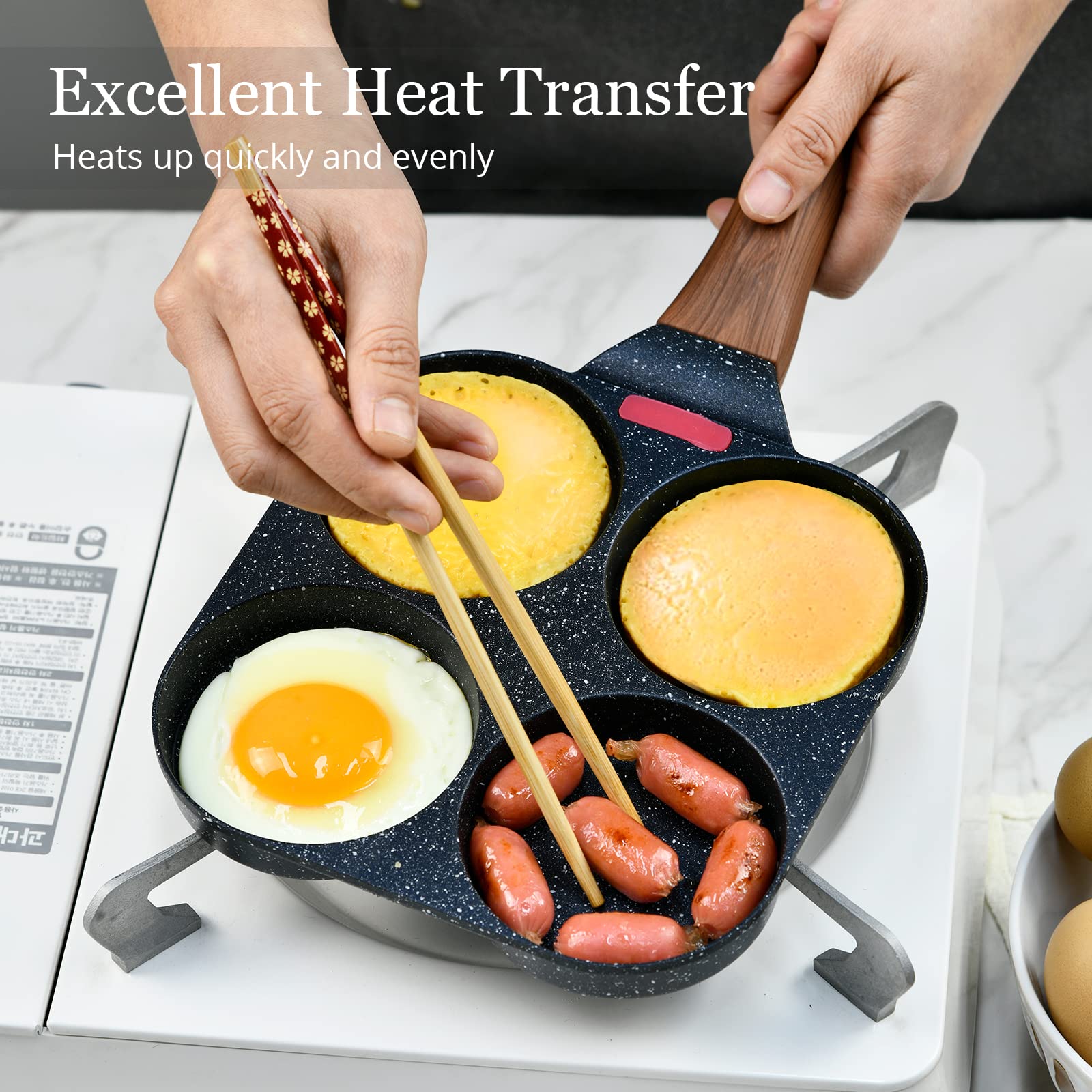 Nonstick 4-Cup Egg Pan for Breakfast & Brunch - Granite Coating Mini Frying Pan with Turner & Brush - Perfect for Pancakes, Omelets & Eggs - Works on Gas Stove & Induction Cooktop - Ideal for Home Cooking & Small Kitchens