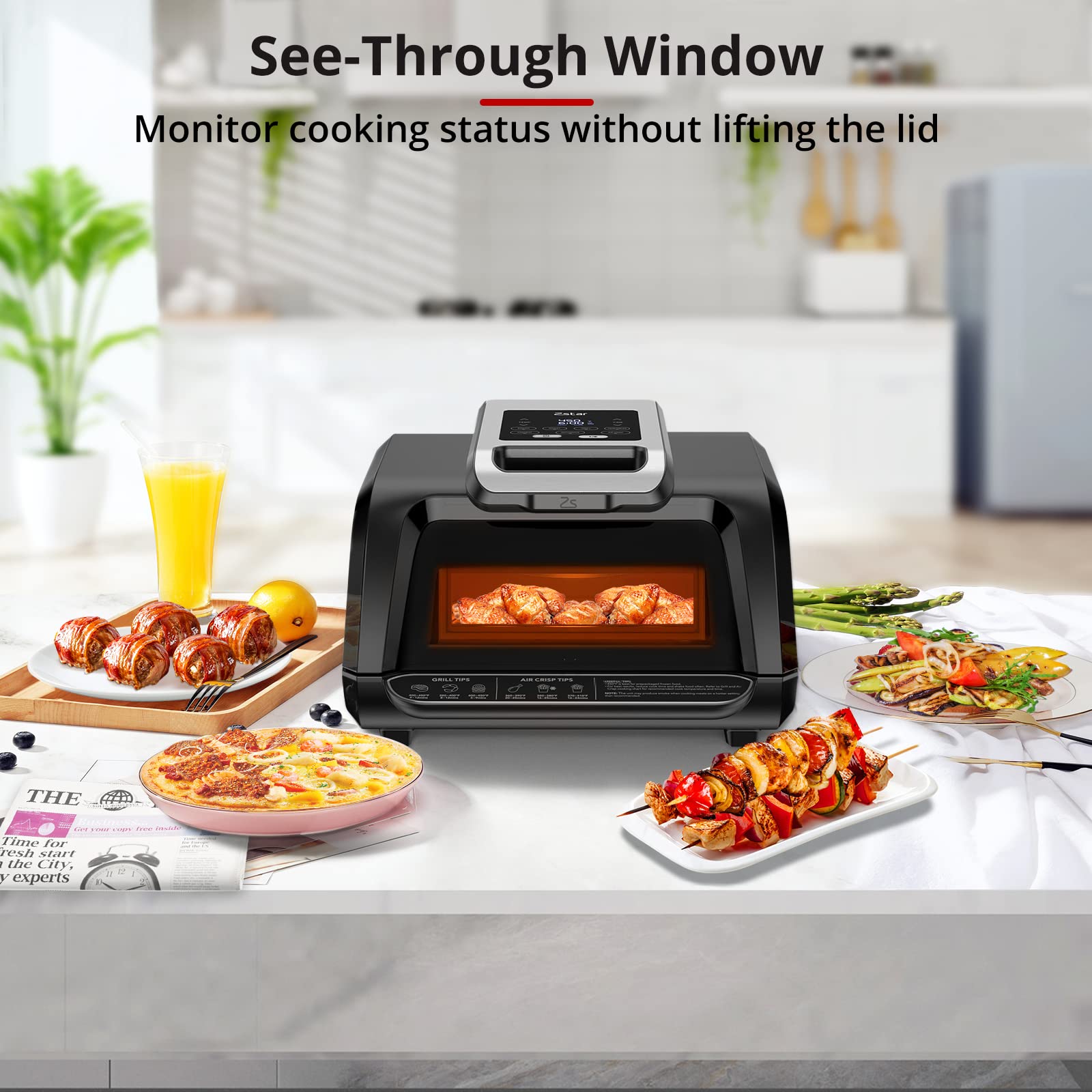 7-in-1 Indoor Grill & Air Fryer Combo - 1750W Smokeless Electric Grill with See-Through Window, Non-Stick Removable Plates & Silicone Tongs - Up to 450°F Even Heating - 4Qt Capacity - Perfect for Healthy Cooking, Family Meals & Small Kitchen Spaces (Black)