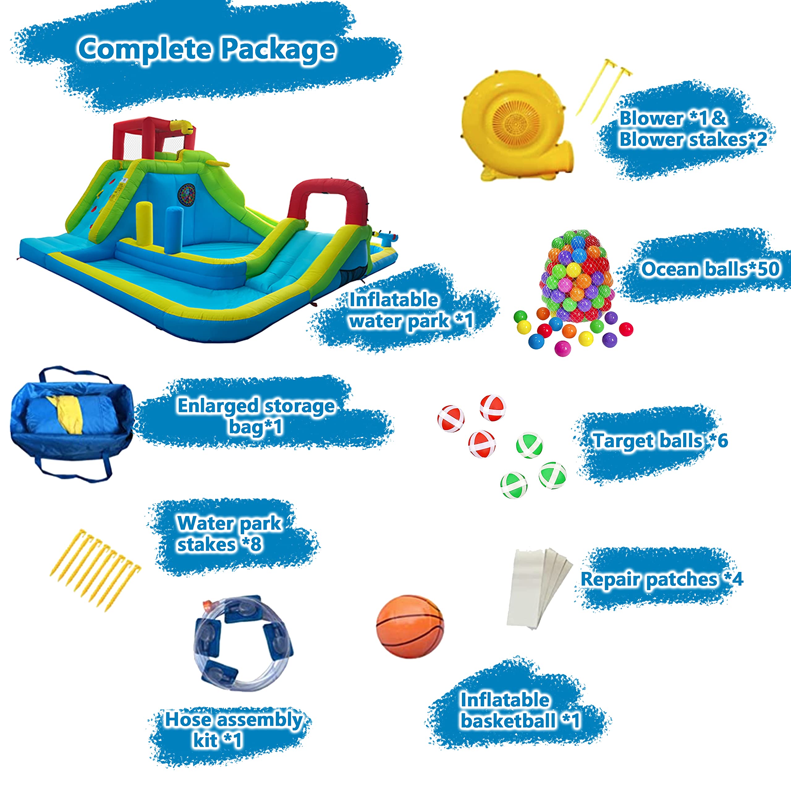 **Inflatable Water Slide Park for Kids - Large Bouncy Castle with Dual Pools, Slides, Climbing Wall & Basketball - Easy Setup with Air Blower Included - Perfect for Backyard Parties, Summer Fun & Outdoor Play**