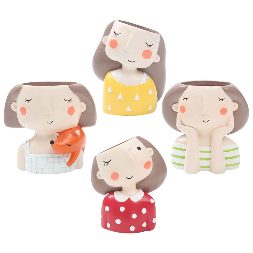 TOYANDONA 4pcs Cute Girl Face Succulent Planter Pots - Resin Cactus Flower Pots with Drainage for Home, Office Desk Decor - Perfect for Succulents, Air Plants & Small Flowers