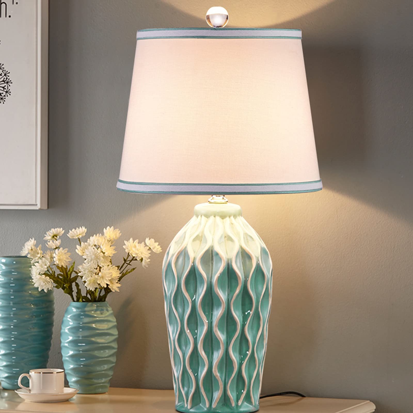 TOMYEUS Nordic Style Ceramic Bedside Lamp with Fabric Lampshade - 19.7