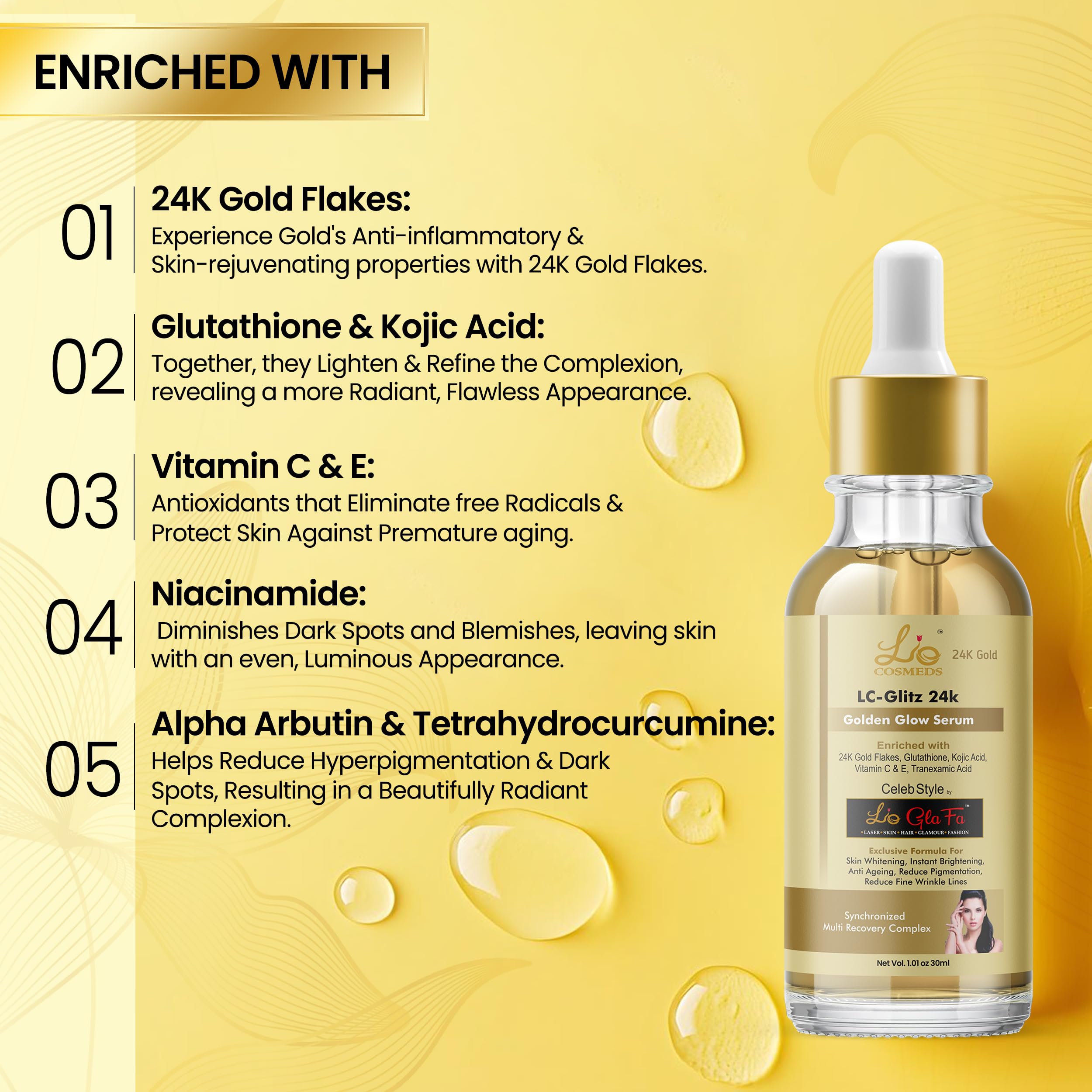 Lio Cosmeds Golden Glow Face Serum with Vitamin C, E, 24K Gold & Glutathione - Brightening, Anti-Aging, Wrinkle Reduction for Dry & Normal Skin | 30ml | Perfect for Night Routine & Daily Skincare Regimen
