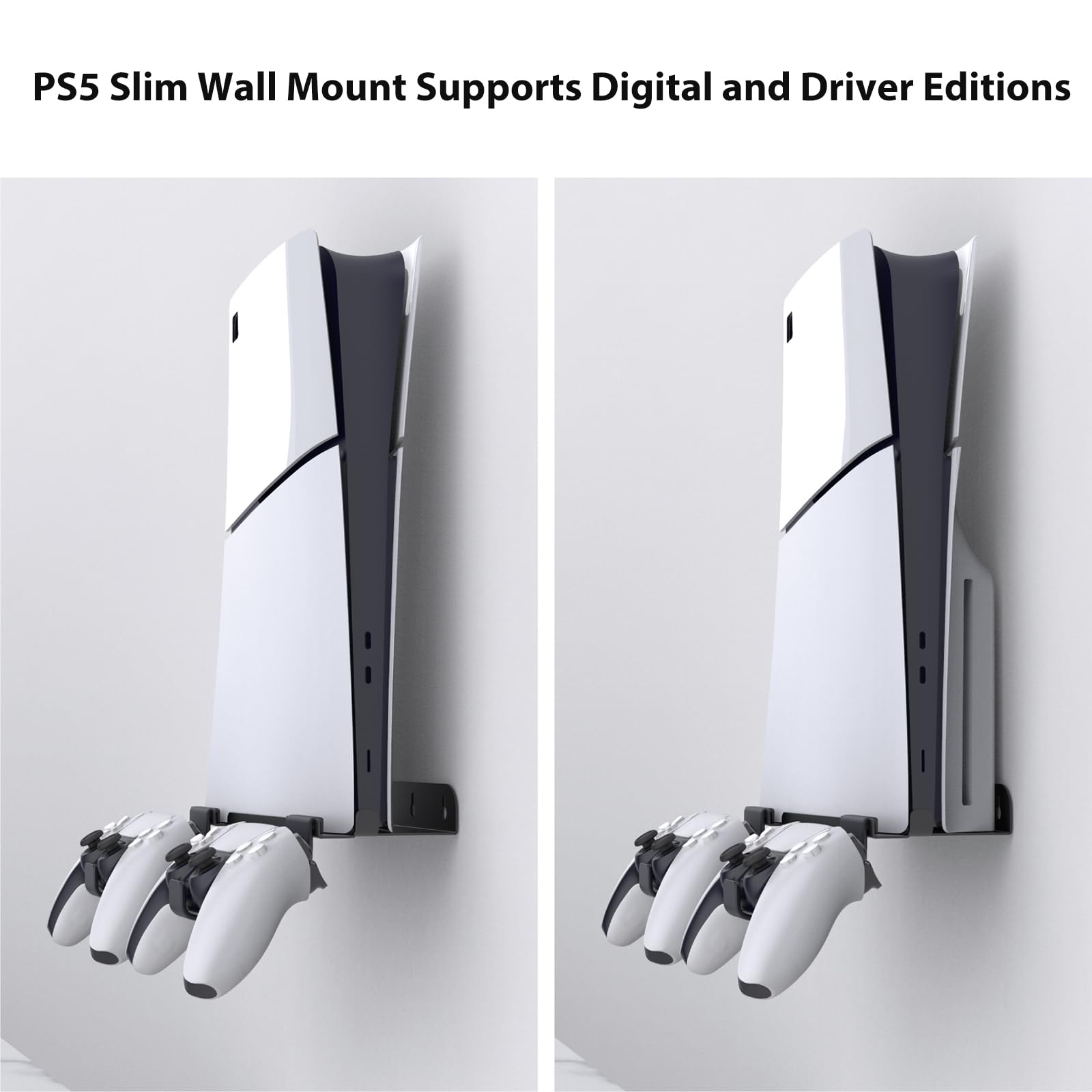 Upgraded Wall Mount Kit for PS5 Slim - Adjustable Bracket with 2 Removable Controller Holders & Headset Hook - Secure Screw Mounting for Living Room, Bedroom, or Gaming Setup