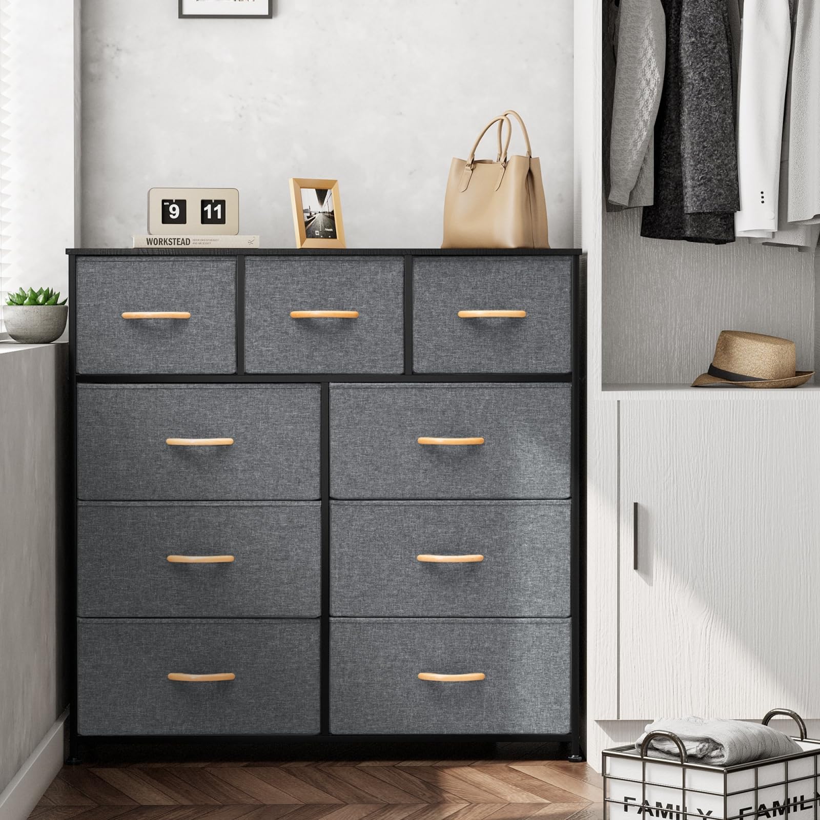 Crestlive White 9-Drawer Tall Dresser for Bedroom - Gray Fabric Storage Organizer for Clothes, Shoes & Accessories | Perfect for Hallway, Entryway & Closet Organization