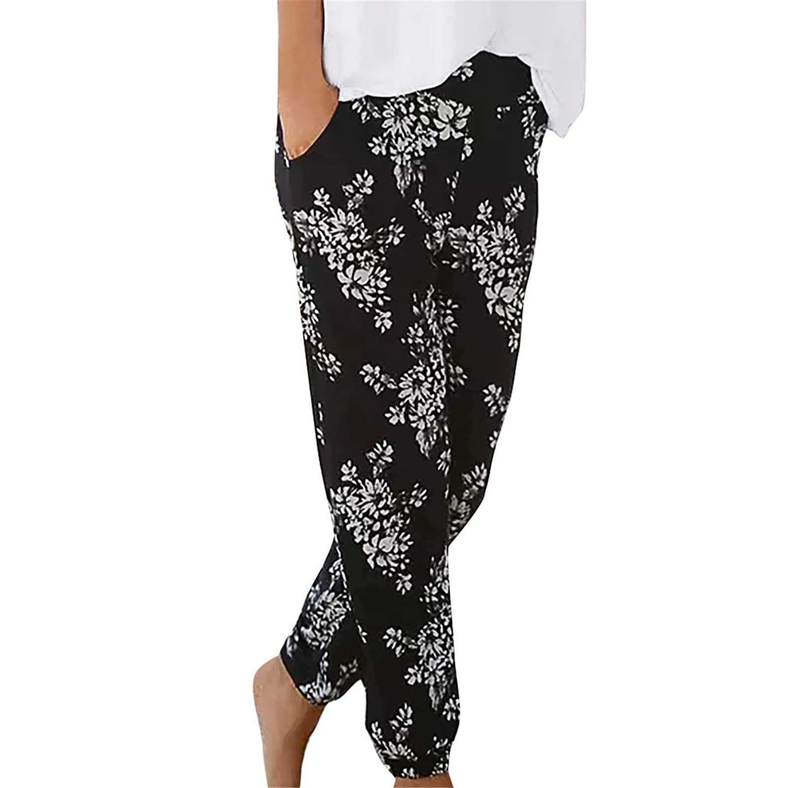 Women's Casual High Waist Pants with Pockets - Floral Print Long Pants for Vacation, Travel & Everyday Wear