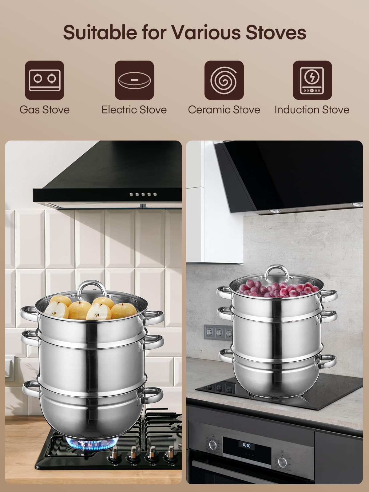FOHERE 11Qt Stainless Steel Steam Juicer Extractor - Fruit & Vegetable Juice Steamer Pot with Glass Lid, Hose & Clamp - Perfect for Fresh Juice, Jelly, Sauces - Great for Home Canning, Preserves & Healthy Drinks