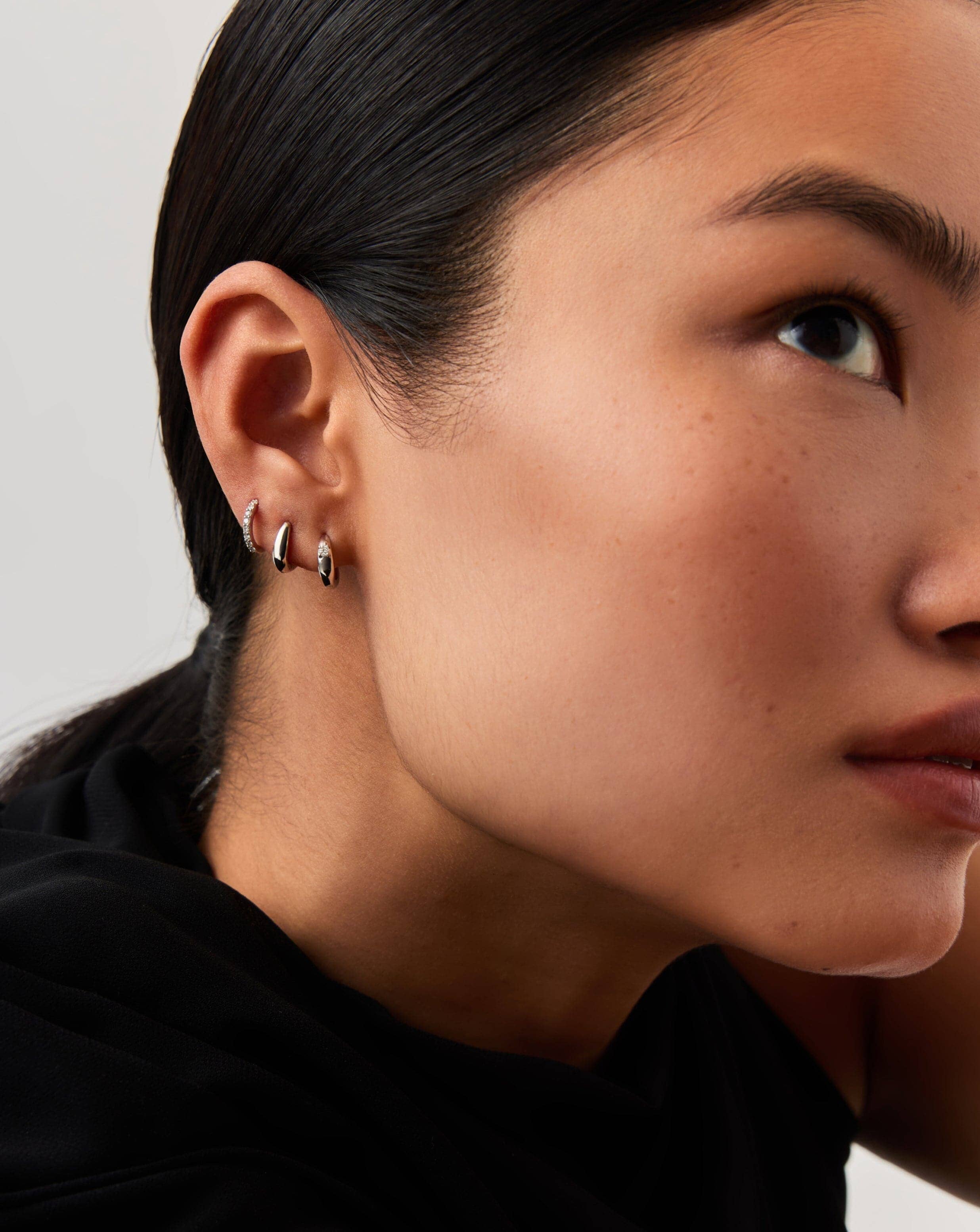 14K Solid White Gold Diamond Huggie Hoop Earrings for Women - Minimalist Single Diamond Dome Studs - Perfect for Everyday Wear, Gifts & Special Occasions
