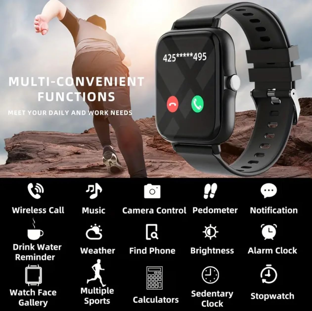 Smart Fitness Tracker Watch with 15 Functions - Wireless Calling, Step Counter, Music & Camera Control - Pink Sports Smartwatch for Running, Gym & Daily Activity Tracking