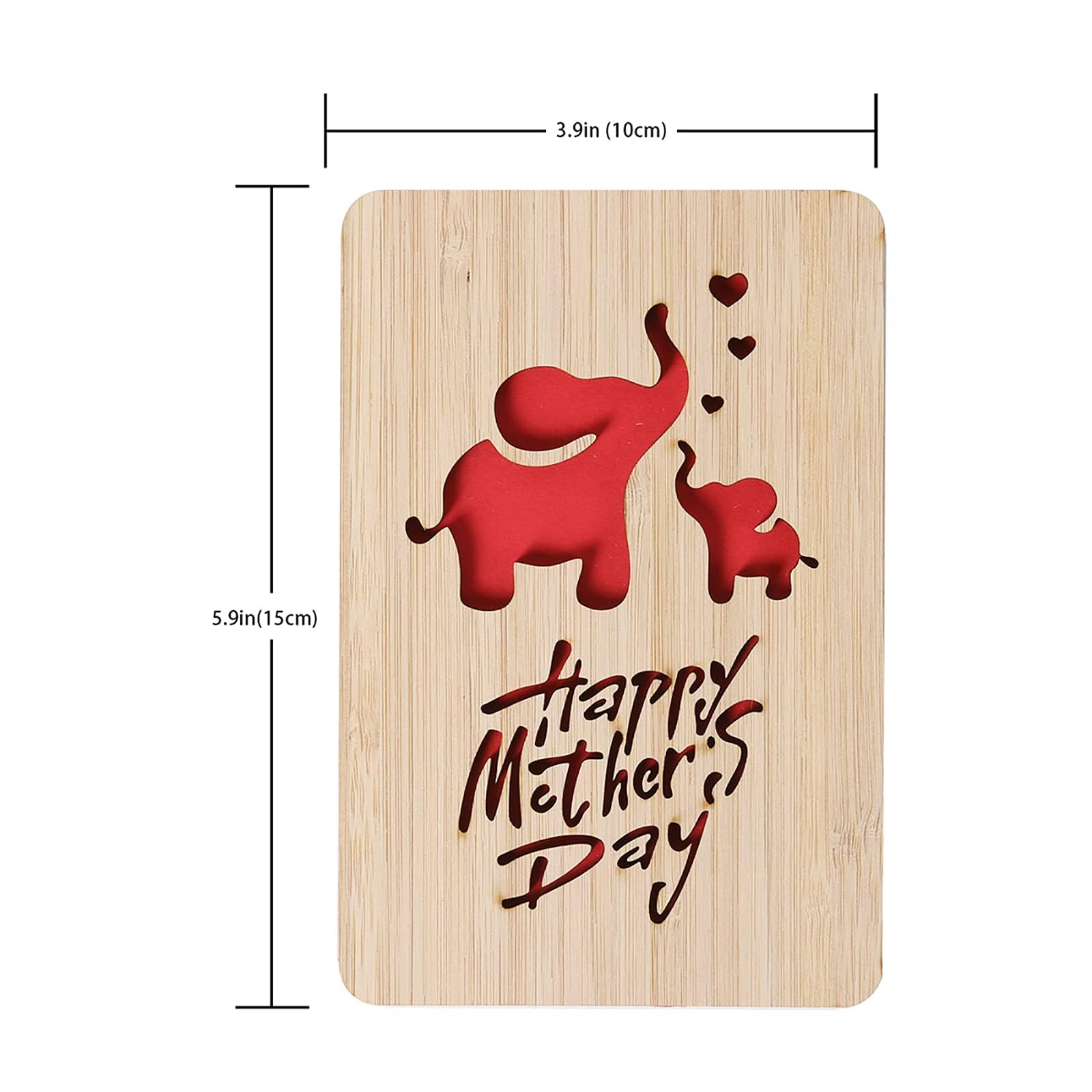 Handmade Bamboo Greeting Cards for Mother's Day - Wooden Thank You & Birthday Cards for Mom - Elephant Pattern Design - Perfect for Mother's Day Gifts, Birthday Presents & Special Occasions