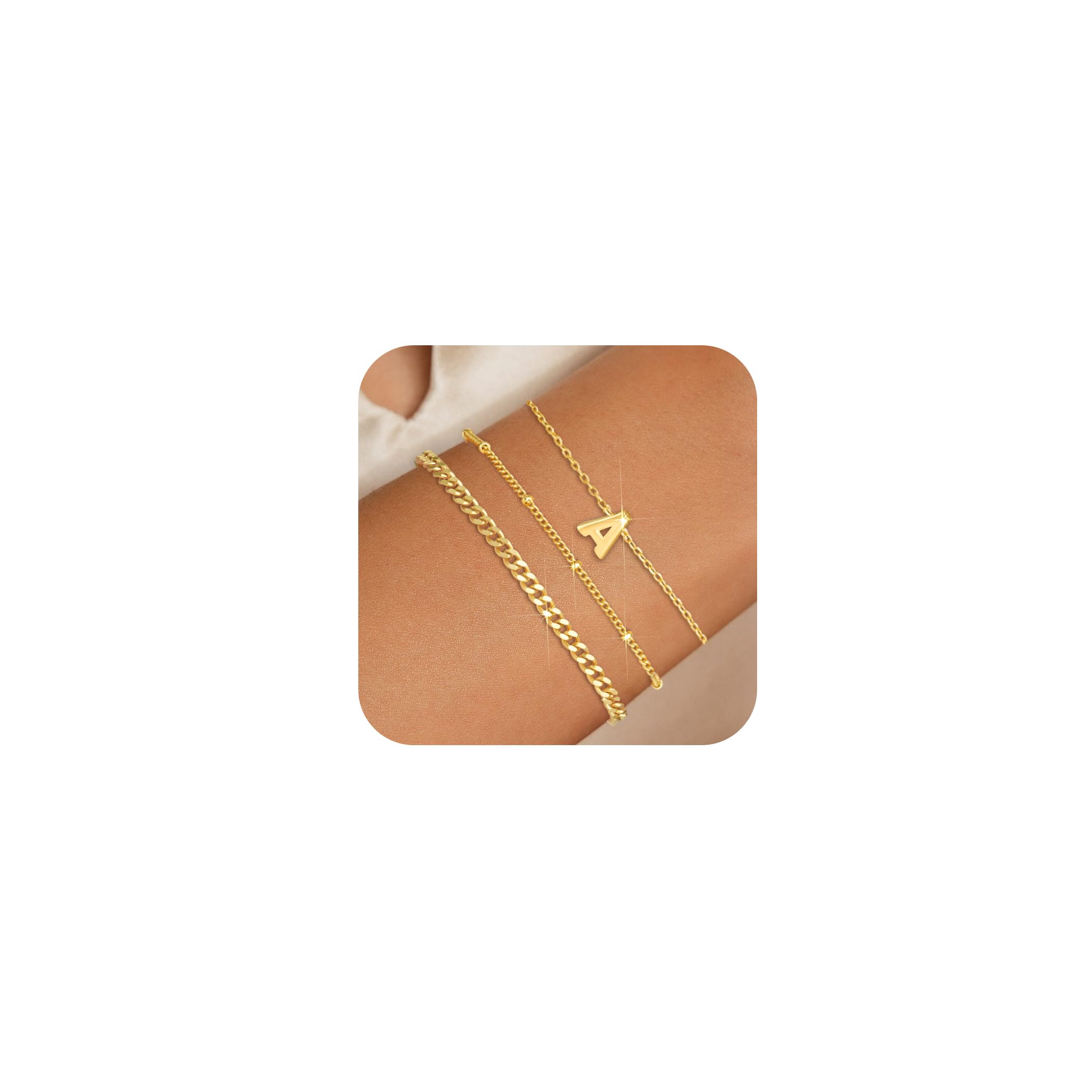 3 Pcs 14K Gold Plated Initial Bracelets for Women - Stackable Letter Charm A-Z Monogram Bracelet Set, Anti Tarnish Jewelry Gifts for Her - Perfect for Birthday, Anniversary, Valentine's Day & Everyday Wear
