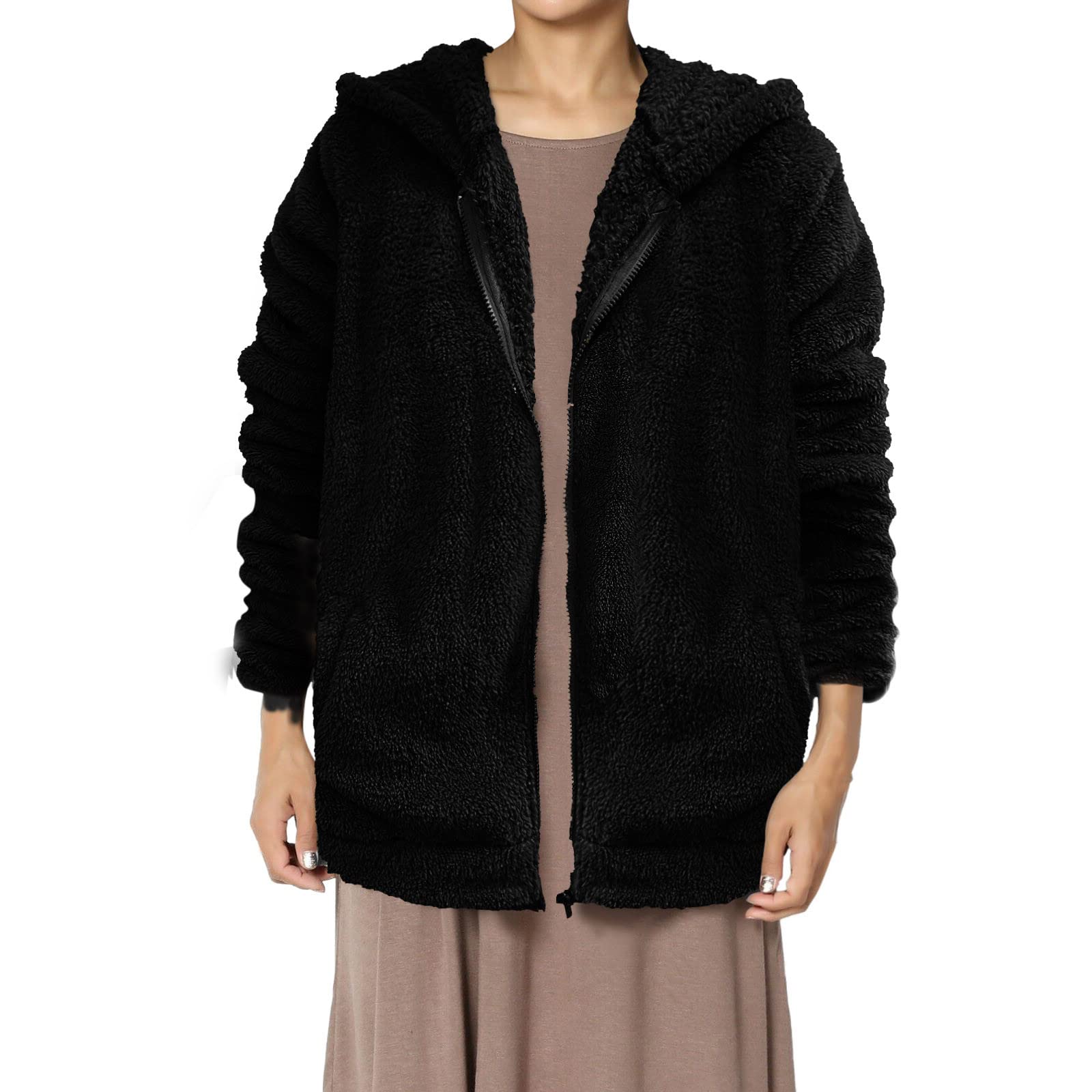 Women's Faux Fur Hooded Jacket - Soft Plush Fleece Coat with Full Zipper & Warm Hoodie - Perfect for Winter Outfits, Casual Wear & Outdoor Activities