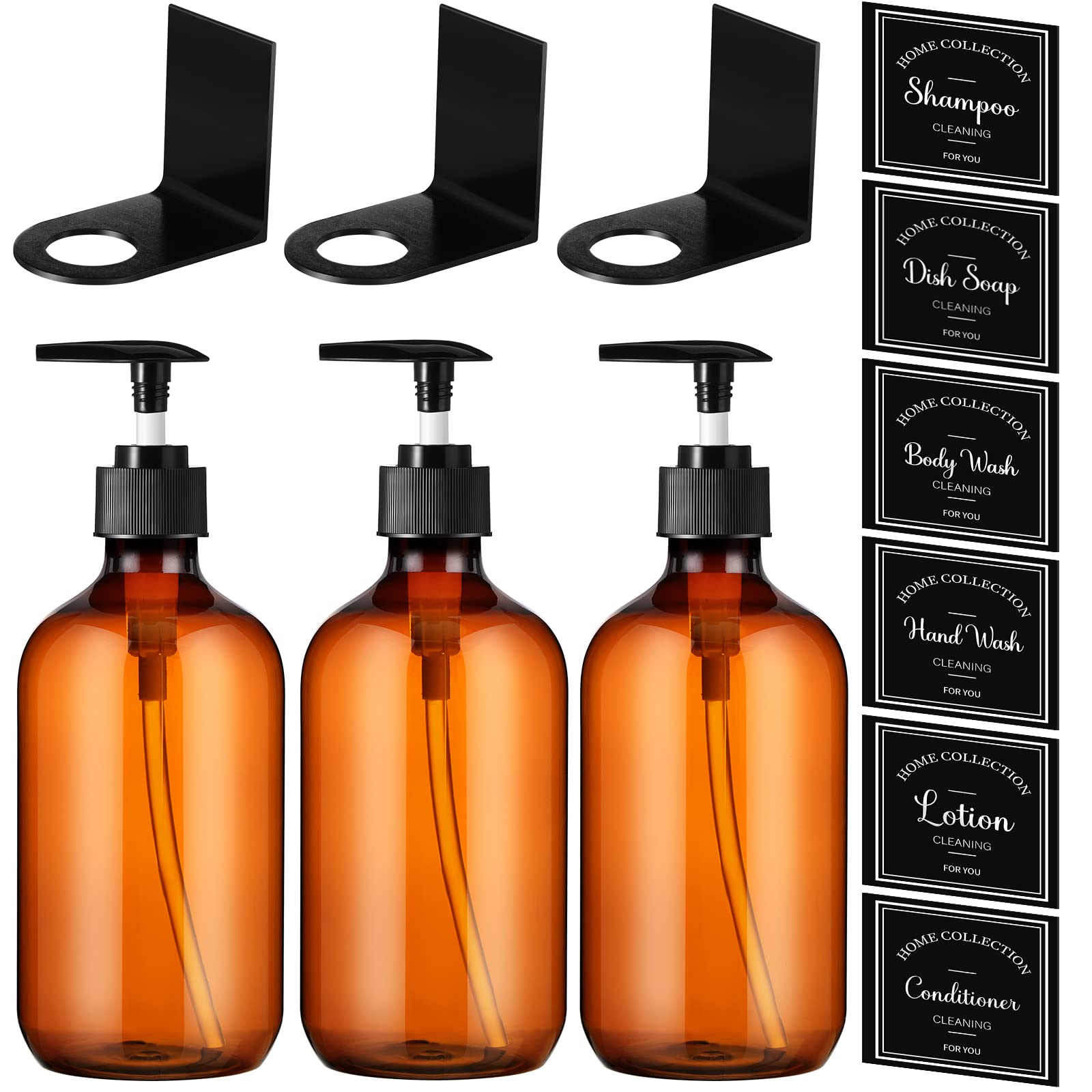 3-Chamber Refillable Shampoo Dispenser for Shower Wall - 17oz No-Drill Bathroom Organizer with 3 Hook Brackets & 6 Label Stickers (Brown) - Perfect for Bathroom, Gym, Spa, and RV Shower Organization