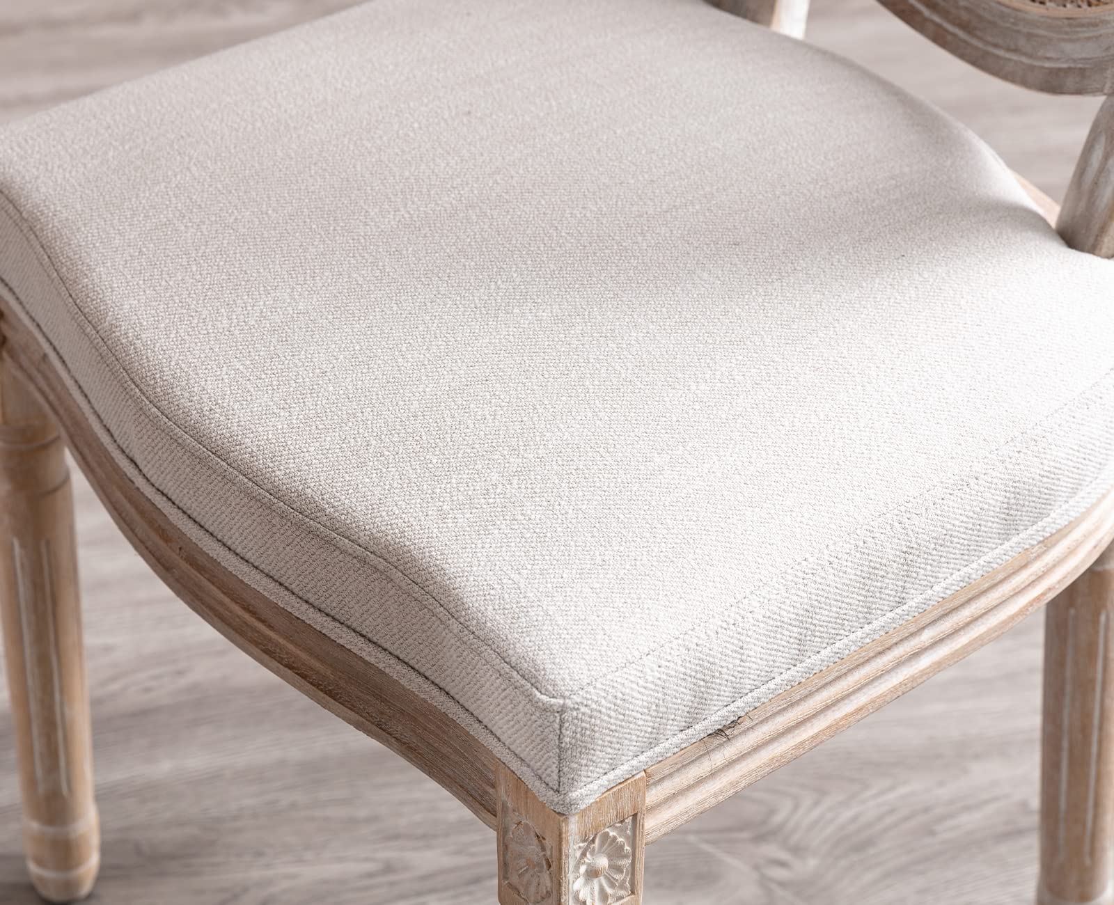 Kmax Farmhouse Dining Chairs Set of 2 - Distressed French Country Style Upholstered Chairs with Round Rattan Back, Tufted Kitchen Seating in Beige - Perfect for Dining Room, Breakfast Nook & Cozy Bedroom Sitting Area