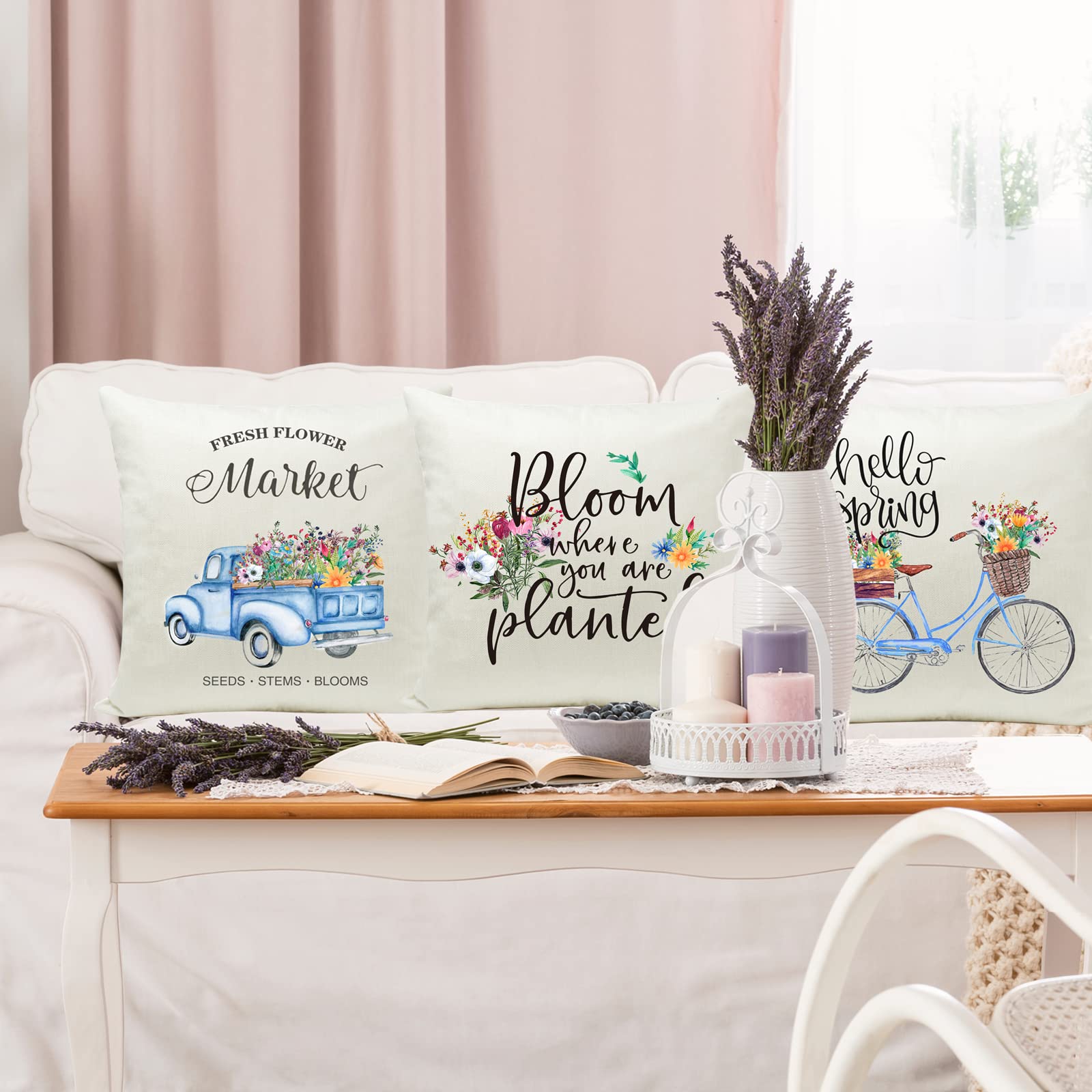 Farmhouse Spring Pillow Covers Set of 4 - 18x18 Inch Blue Truck & Bicycle Floral Design Decorative Throw Pillow Cases for Sofa, Bedroom, Living Room | Seasonal Home Décor & Cozy Interior Styling