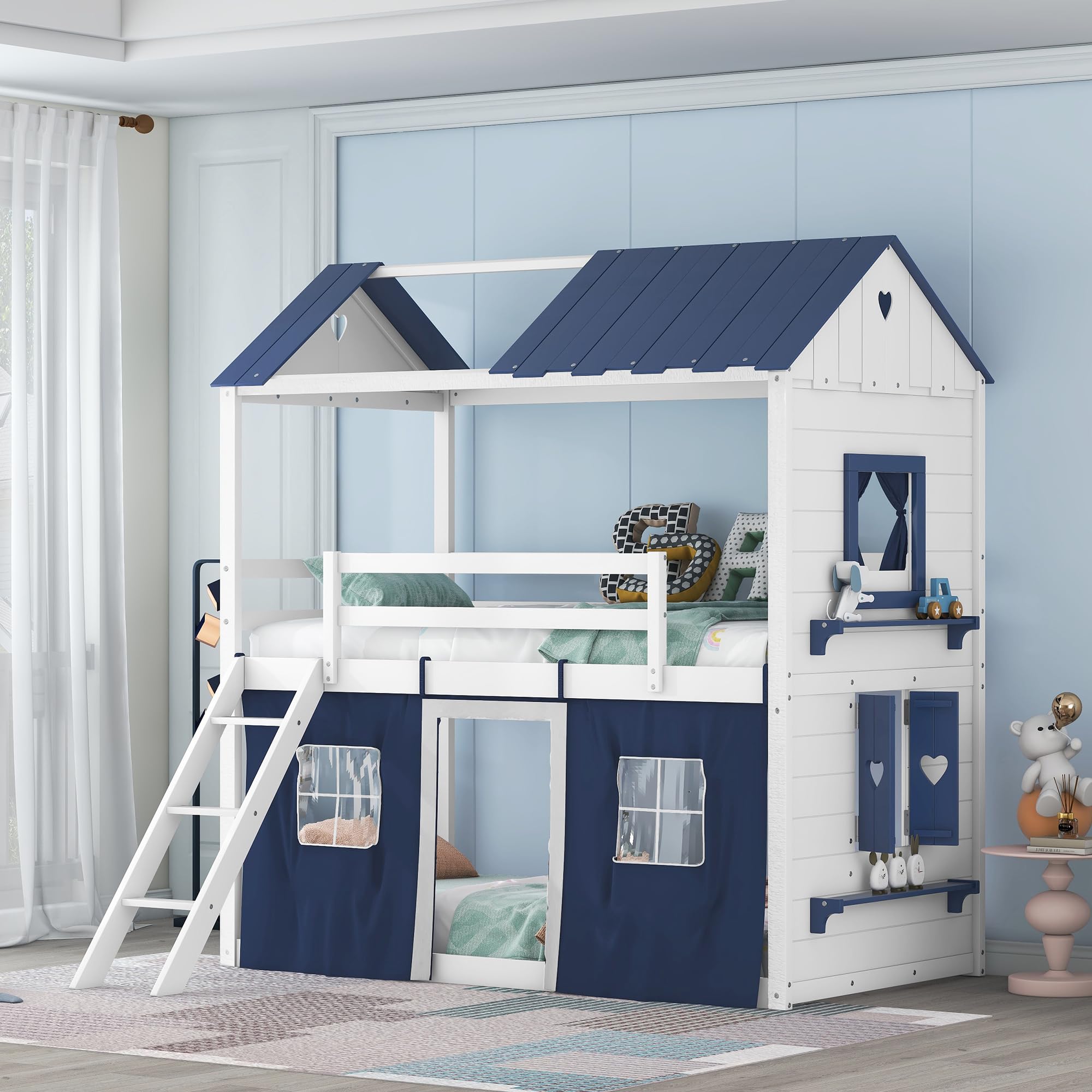 SOFTSEA Twin Over Twin House Bunk Bed for Kids with Tent, Slide Ladder & Guardrails - Wooden Loft Bed Frame with Windows - Blue Playhouse Bunk Bed for Boys & Girls | Perfect for Small Bedrooms, Shared Kids' Rooms & Play Areas