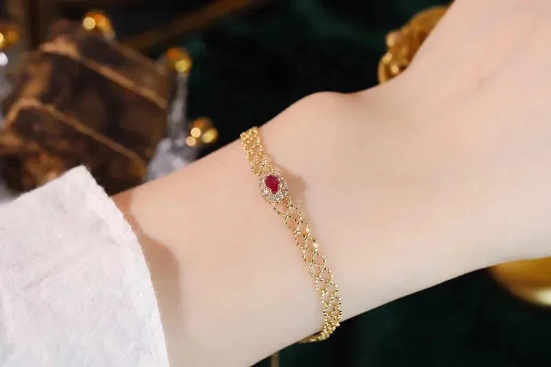 18K Yellow Gold Vintage Weave Bracelet with Natural Ruby & Diamond - Elegant Women's Jewelry for Birthday, Anniversary & Special Occasions