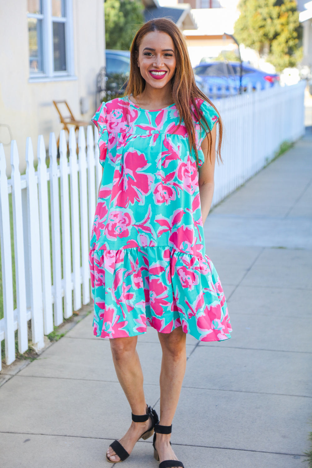 Diva Dreaming Aqua Floral Print Tiered Ruffle Sleeve Dress for Women - Elegant Summer Party Dress for Weddings, Garden Parties & Date Nights
