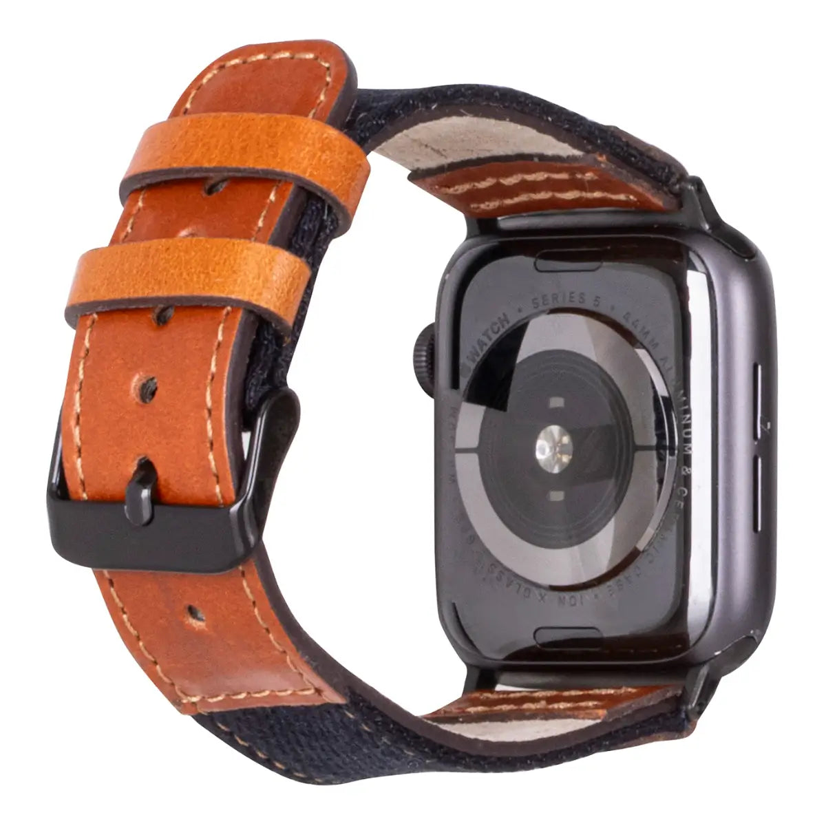 Premium Black Denim & Genuine Brown Leather Apple Watch Band - Stylish & Durable Replacement Strap for Workout, Office & Casual Wear